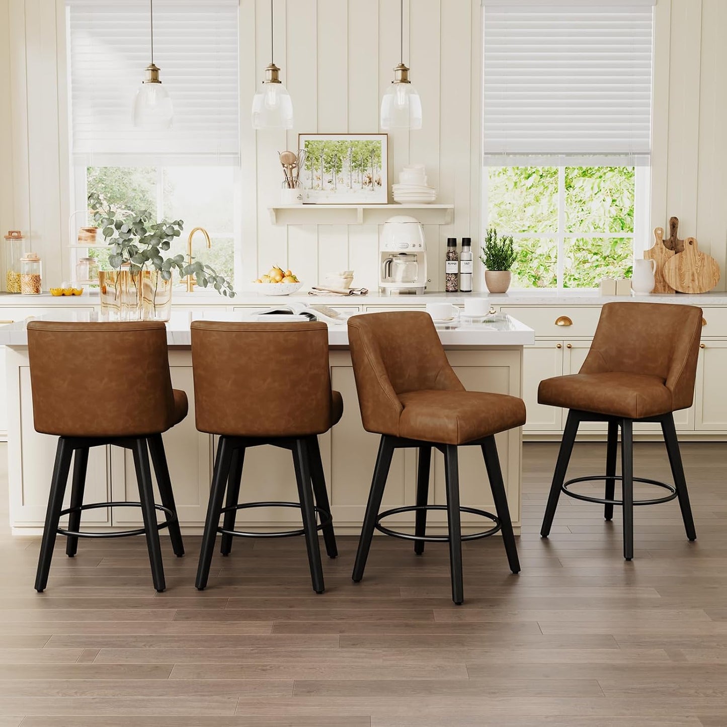 Vipbear Swivel Counter Height Bar Stools Set of 4,26.8" H Counter Stools with Back, Mid Century Modern Bar Stools for Kitchen Island,Faux Leather,Wooden Base, Brown