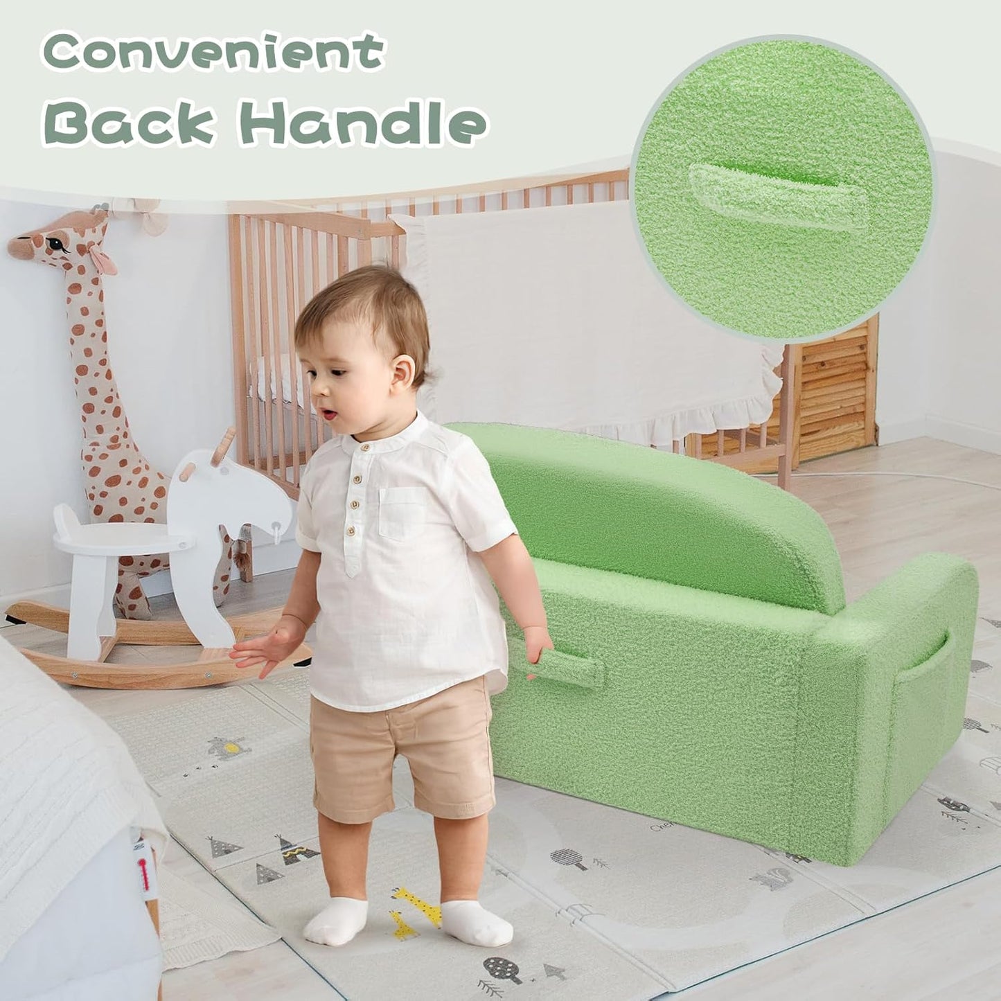 Extra Wide Kids Couch, 2-in-1 Soft Toddler Couch with Blanket, Comfy Toddler Chair, Convertible Sofa to Lounger, Gifts for Kids Girl Boys, Green