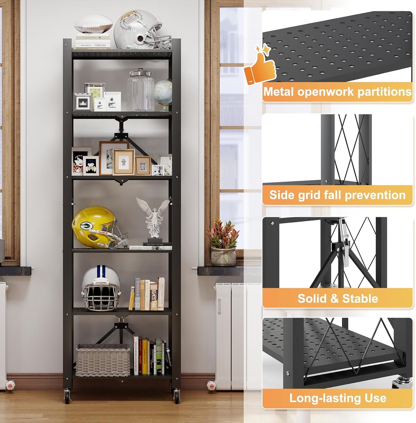 BAYOYONI 6 Tier Industrial Bookshelf - Storage Shelves with Two Usage Modes - Foldable Metal Bookshelves for Living Rooms, Offices, and Bedrooms (Black, 6 Tier)