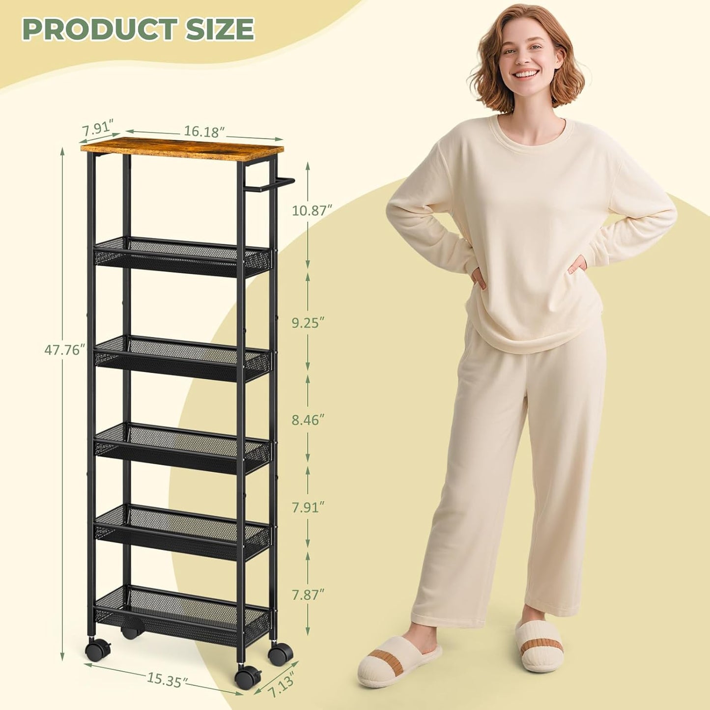 6 Tier Slim Storage Cart with Handle, Rolling Kitchen Laundry Room Storage Cart with Wooden Top, Narrow Metal Bathroom Trolley on Wheels for Small Space, Mobile Shelving Unit, 7.9in(W)