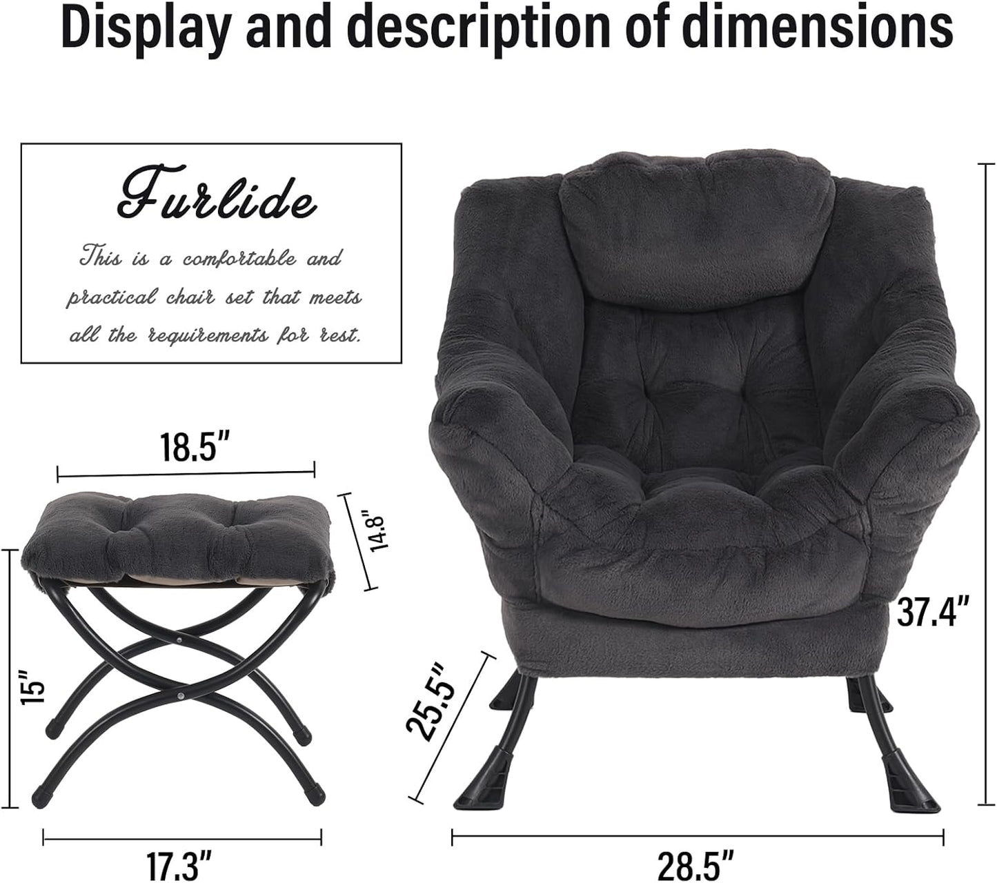 Oversized Chair with Ottoman, Modern Reading Chair, Lounge Accent Chair with Armrests and a Side Pocket for Small Space, Bedroom, Study, Living Room (Plush Dark Greyish Blue)