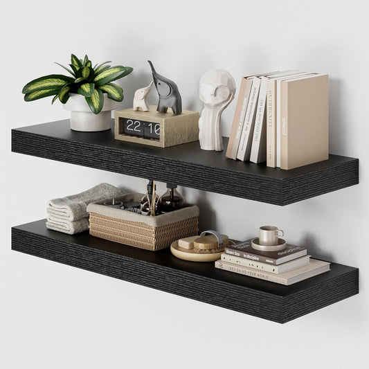 Heimlove 36 Inch Long Floating Shelf for Wall, 12" Deep Black Floating Shelves Wall Shelves for Bedroom Living Room Bedroom, Wall Mounted Shelves for Storage Book Decor, Set of 2