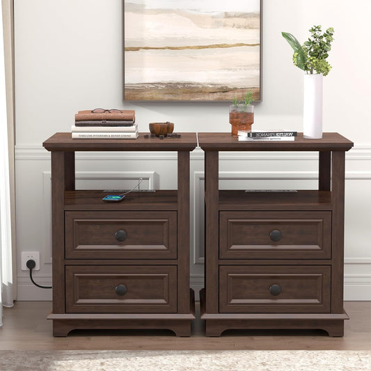 18" Wide End Table with Fast Charging Station Set of 2, 18” Wide Sofa Side Table with Drawers,End Table with Drawers for Living Room,Cherry