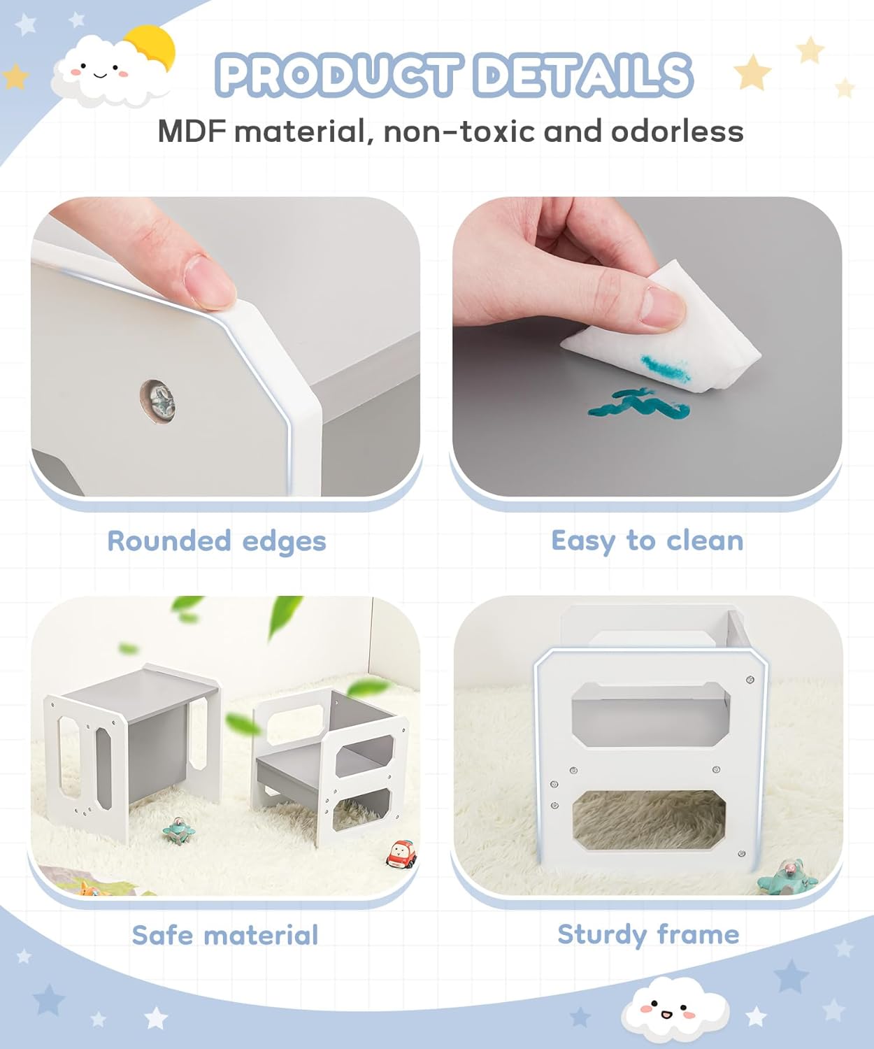 Kids Table and Chair Set, 3-in-1 Wooden Children's Furniture, Water Resistant, Easy to Clean,Toddler Weaning Table for Bedroom, Playroom, Living Room (Grey and White)