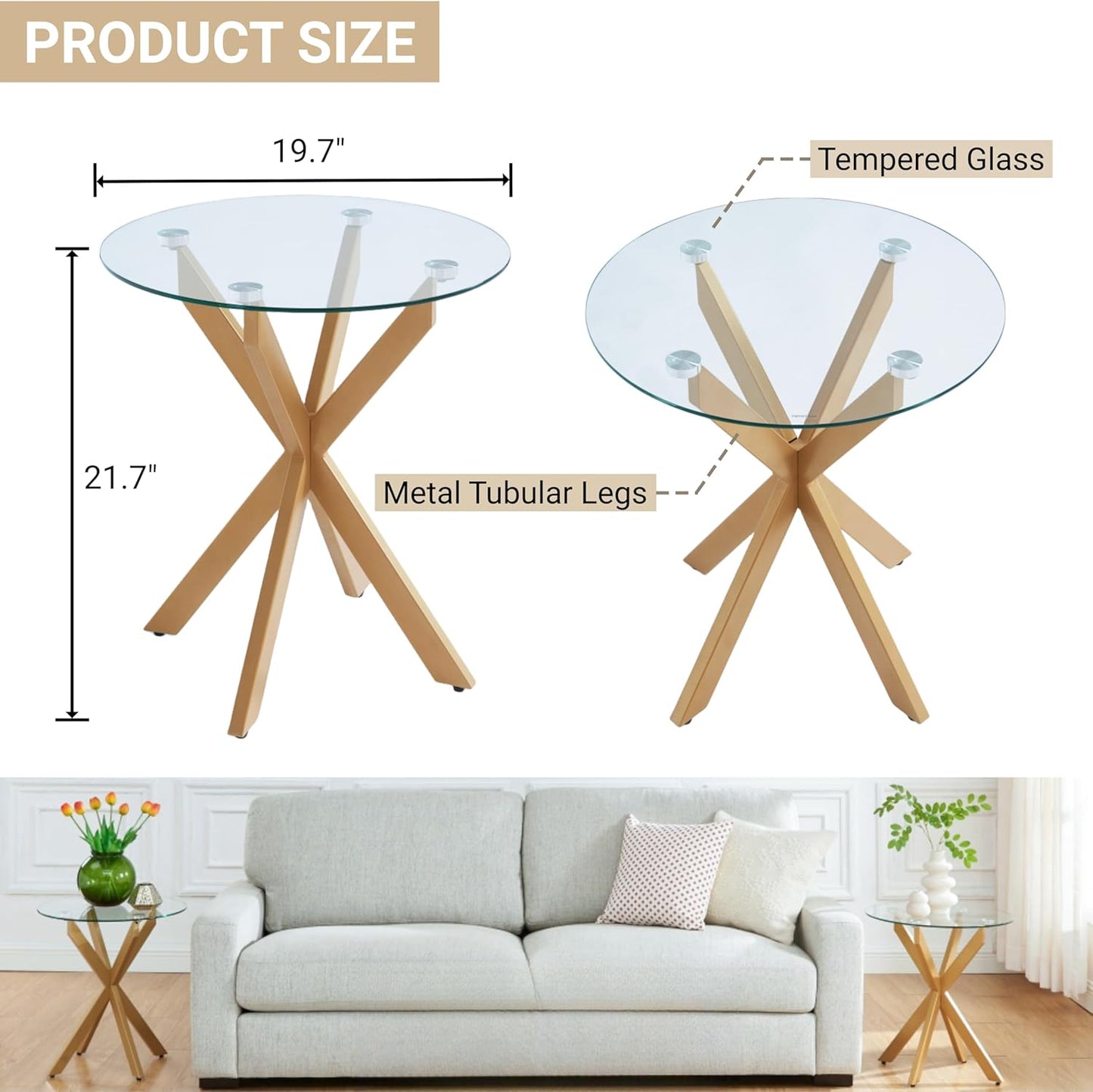 Modern Glass End Table, Small Round Side Table for Couch, Sofa Table with Clear Tempered Glass Top for Living Room, Bedroom, Bedside, 19.7" Wx21.7 H Gold