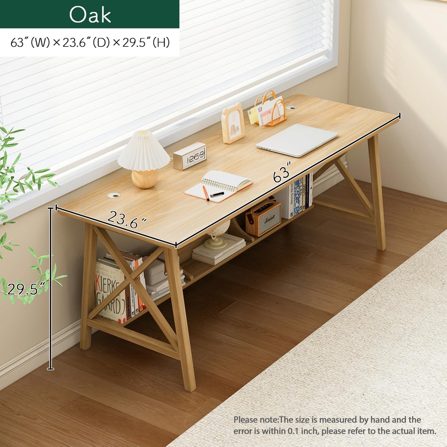 Extra Long Desk with Bookshelf - Wooden Home Office Work Study Table, 2-Person Writing Computer Workstation with Storage Shelf in Oak, 63" Wx24 Dx30 H