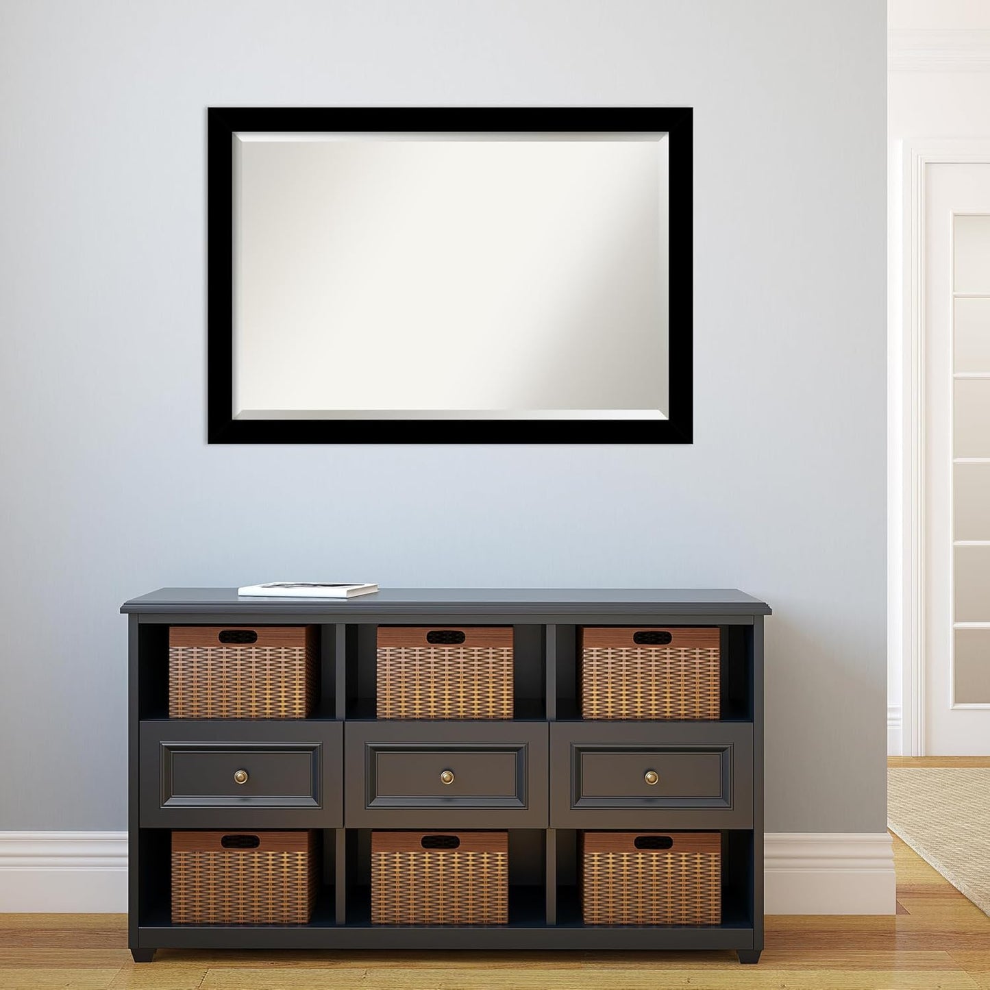 Amanti Art Black Bathroom Mirror for Over Sink, 28x40 Brushed Black Rectangle Vanity Mirror, Large Modern Contemporary Frame, Hangs Horizonally and Vertically, Bathroom Wall Decor, Beveled Edge