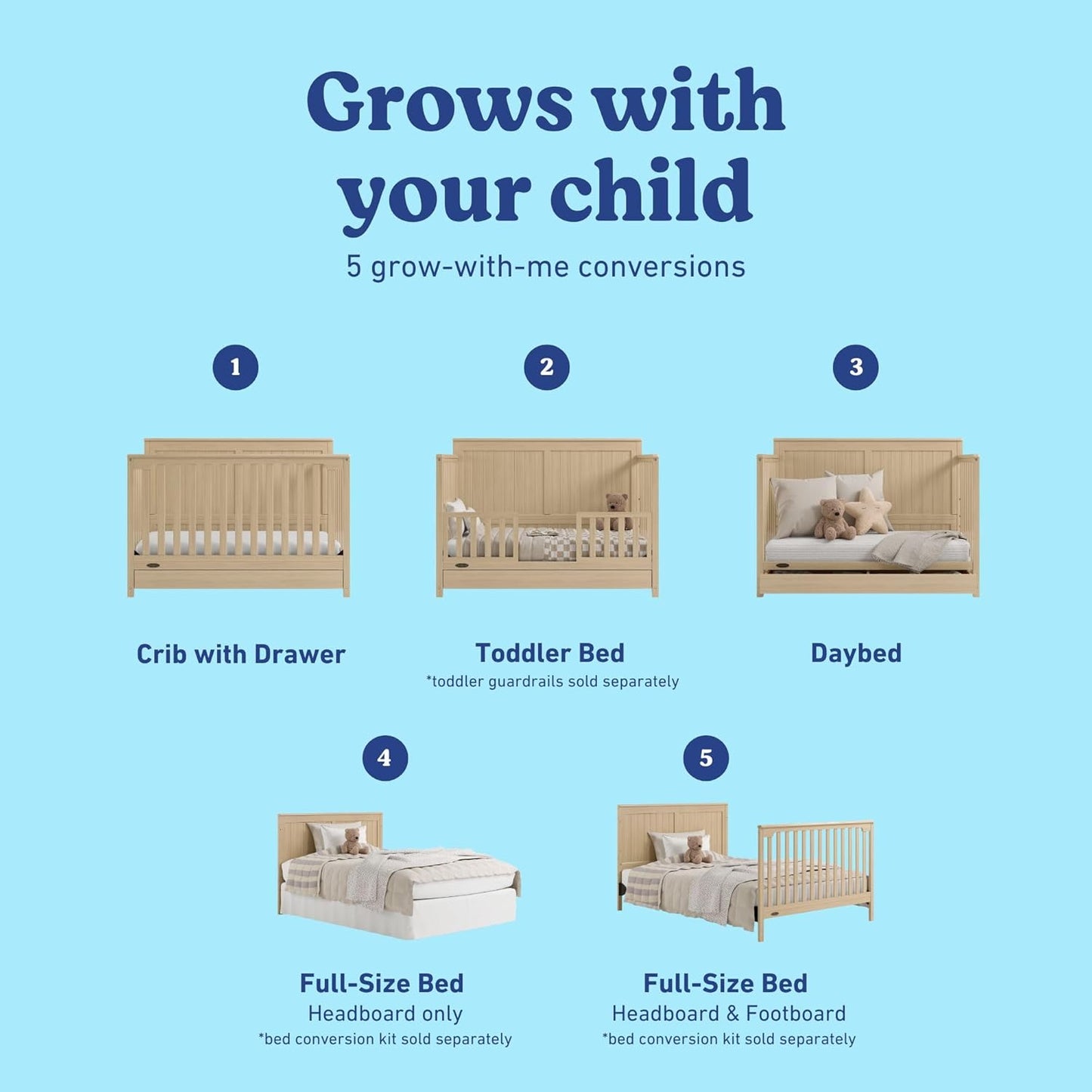 Graco Hadley 5-in-1 Convertible Crib with Drawer (Driftwood) – GREENGUARD Gold Certified, Fits Standard Crib Mattress, Converts to Toddler Bed, Daybed and Full Bed, 4 Adjustable Mattress Heights