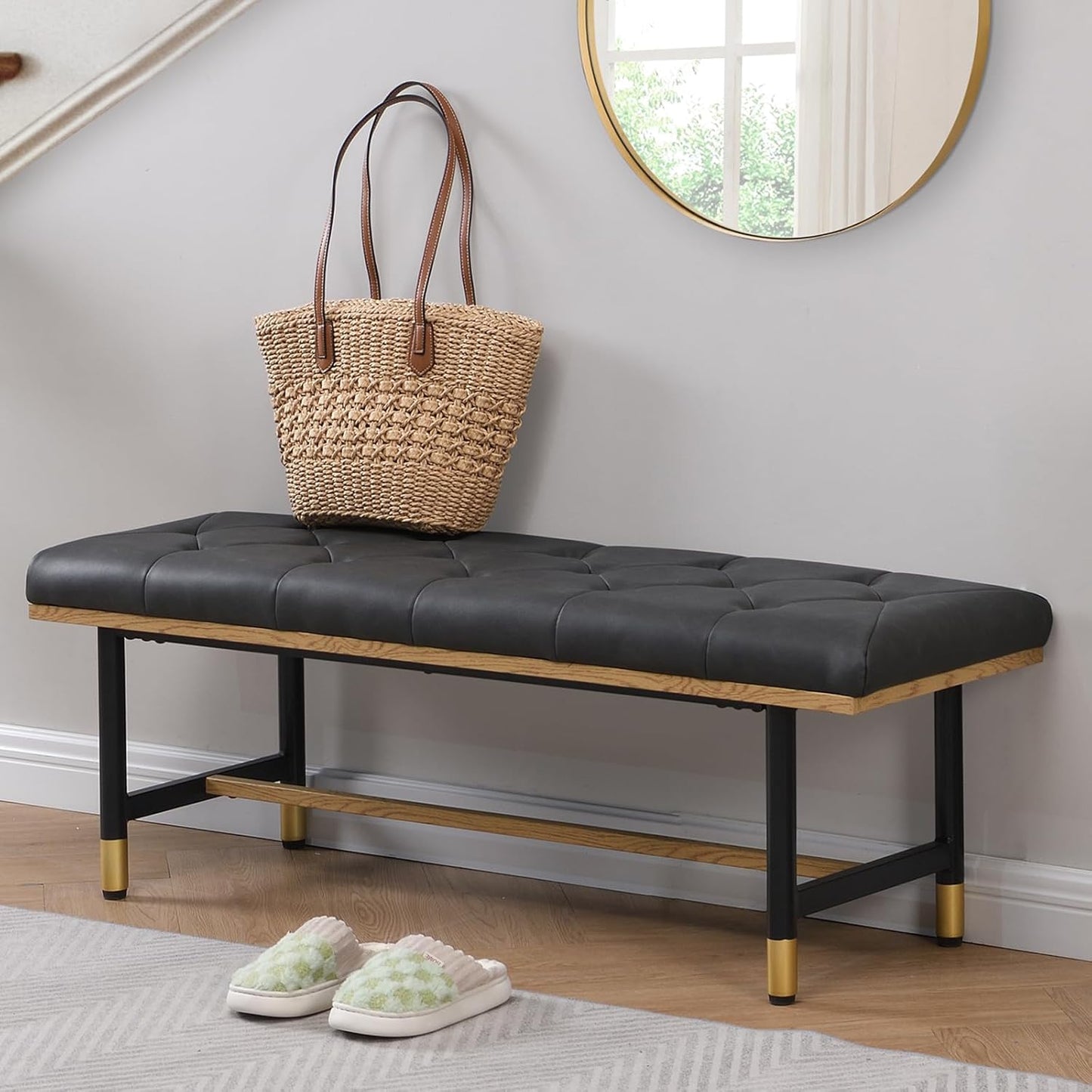 Shoe Bench Entryway, End of Bed Bench, Bench for Bedroom End of Bed, Modern Faux Leather Bench for Living Room, Entryway Bench Seat, Padded Bench with Solid Metal Shelf Gold, Grey