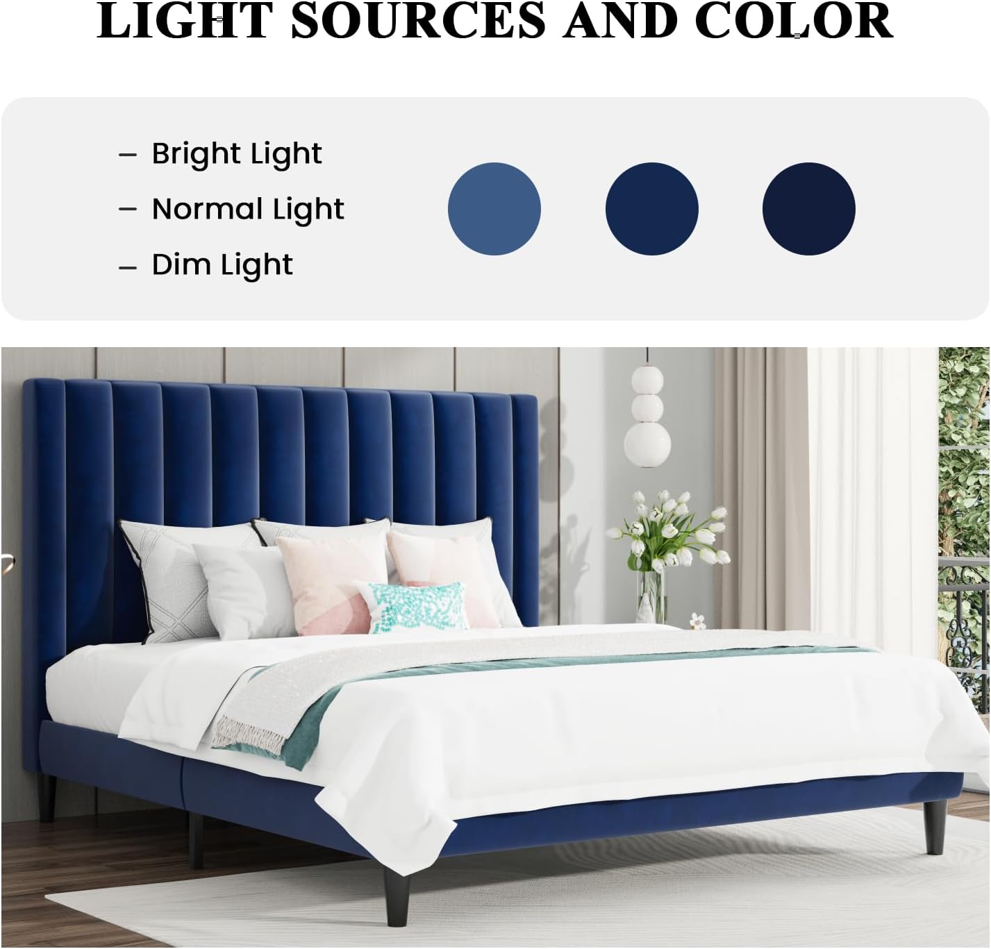 SHA CERLIN King Bed Frame/Velvet Upholstered Platform Bed Frame with Headboard/Strong Wood Slats Support/Mattress Foundation/No Box Spring Needed - Dark Blue