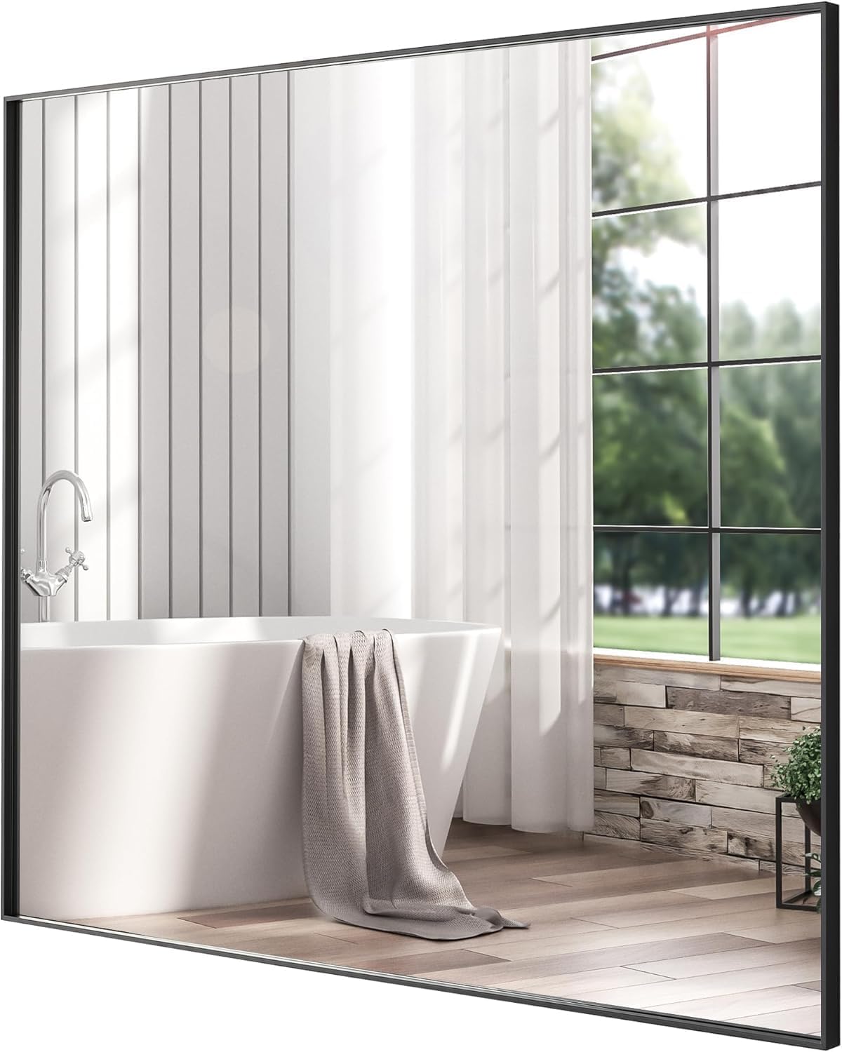 24x24 Inch Black Bathroom Mirror, Copper-Free Mirror, Aluminum Alloy Frame Vanity, Rectangle Wall Mounted Modern Mirror for Bedroom/Living Room/Porch Horizontal or Vertical