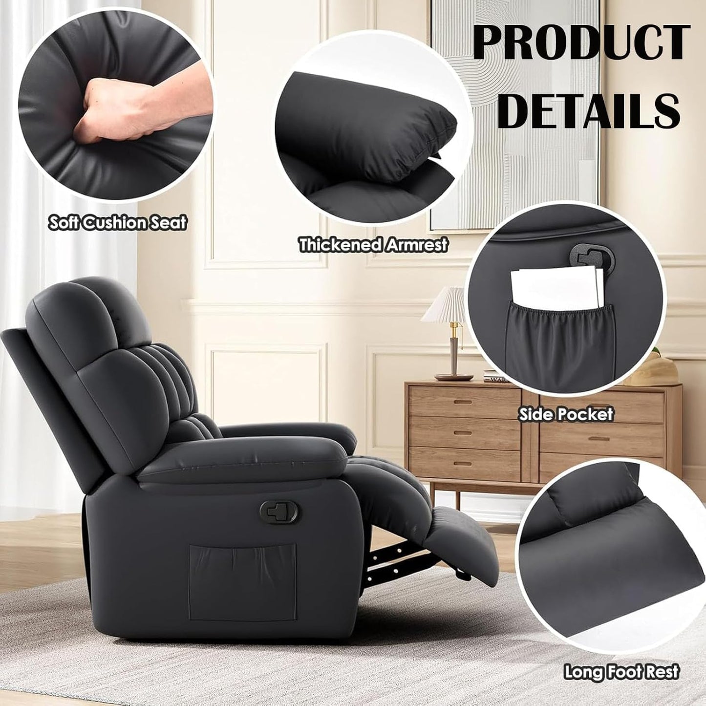 Oversized Recliner Chair, Leather Adjustable Recliner with Side Pockets, Living Room Reclining Lounge Chair for Adults, Small Spaces Comfy Sofa with Theater Seating for Bedroom, Black