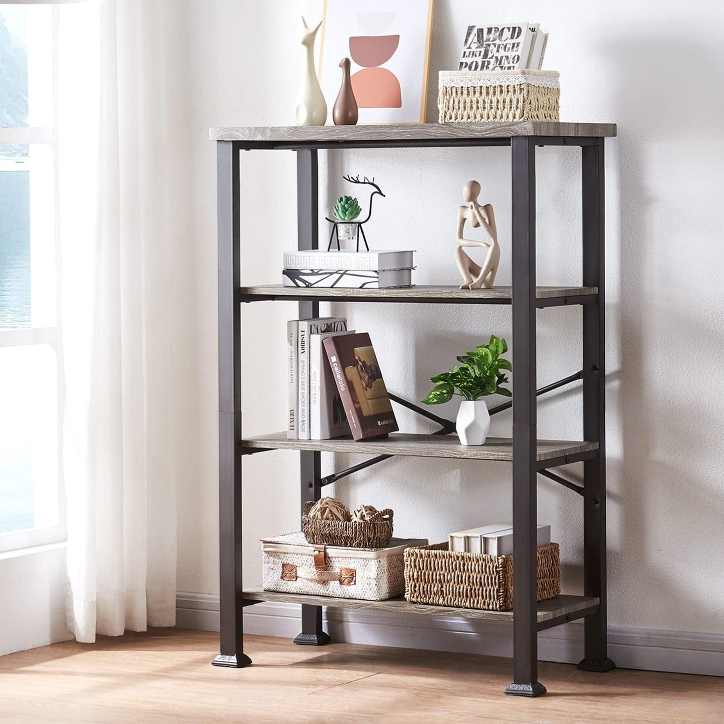 HOMBAZAAR 4 Tier Bookshelf,Grey Industrial Book Shelf,Engineered Wood and Metal Deep Bookcases,Low Shelf Bookcase for Living Room,Office,Bedroom and Kitchen