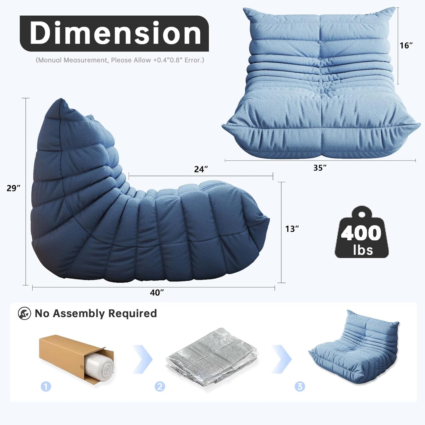 Bean Bag Chairs for Adults, BeanBag Reading Chair Memory Foam Couch, Floor Chair Soft Teddy Material, Comfy Reading Nook Chairs for Bedroom Living Room Office