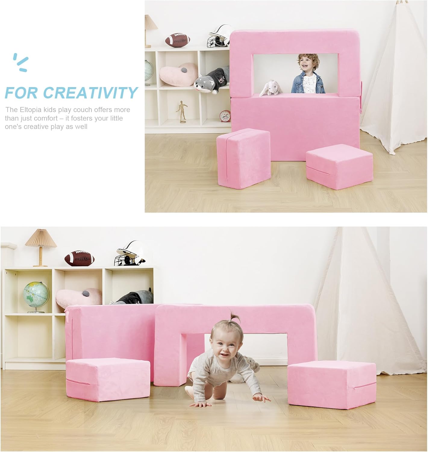 Modular Kids Sofa,Toddler Couch Foam Armchair for Kids, Children Convertible Plush Sofa Play Set,Fold Out SofaBed(Pink)