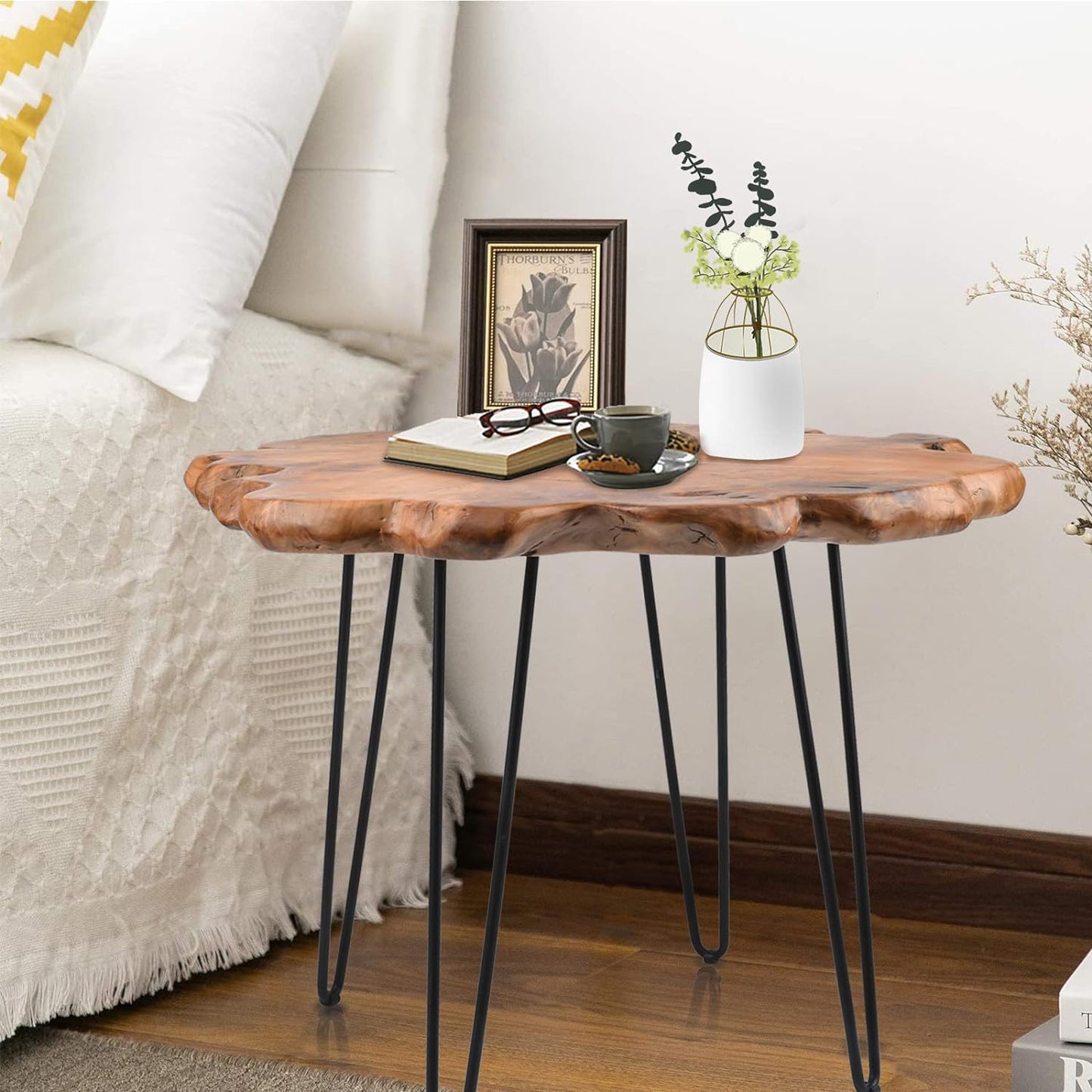 27.5 Inch Live Edge Side Table, Wood Freeform Small End Table with Waterproof Surface, Rustic Accent Table Unique for Living Room, Bedroom, Home