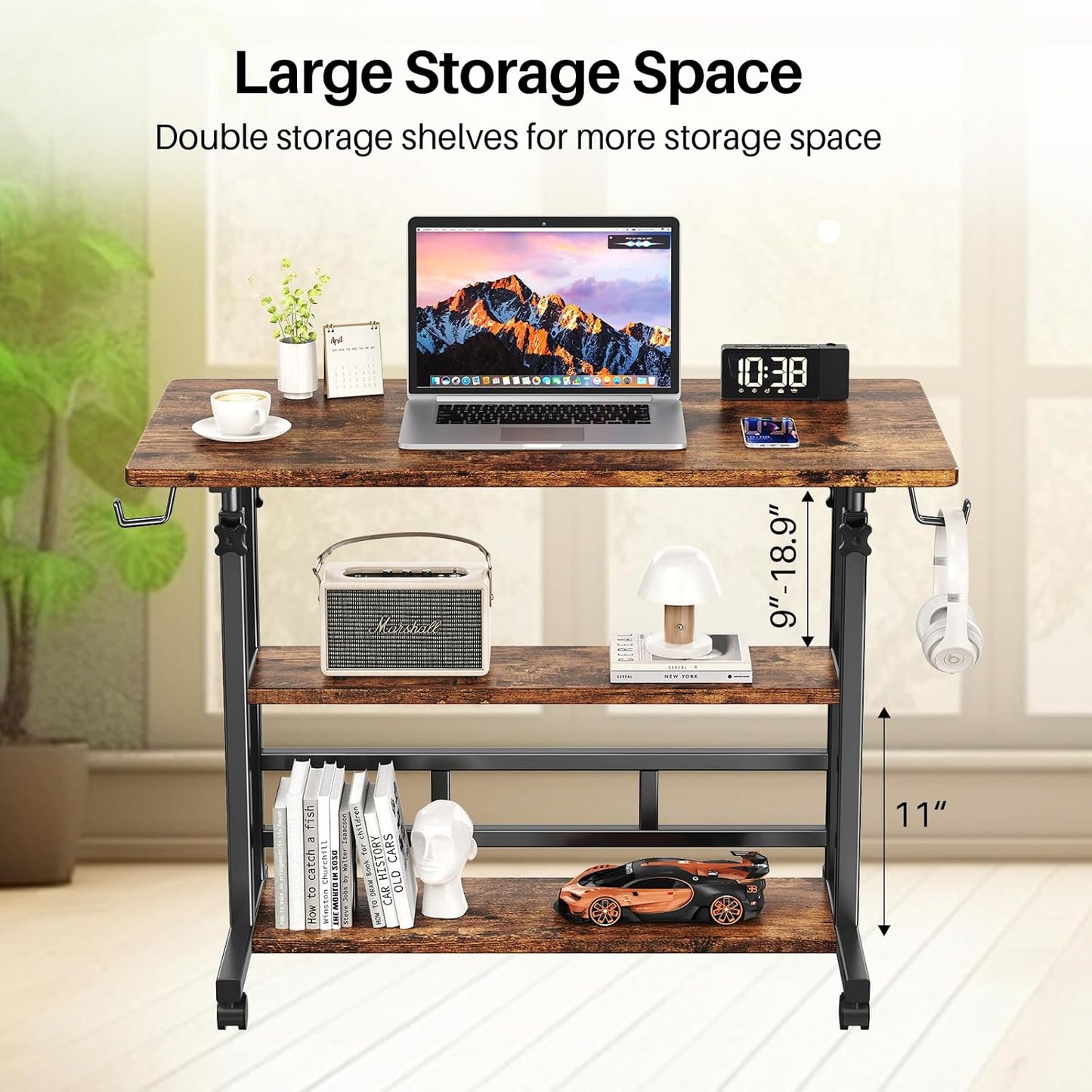 Adjustable Height Standing Desk, Rolling Stand Up Desk with Storage Shelves, 31.5" Small Mobile Computer Desk, Portable Laptop Table (Simple Brown)
