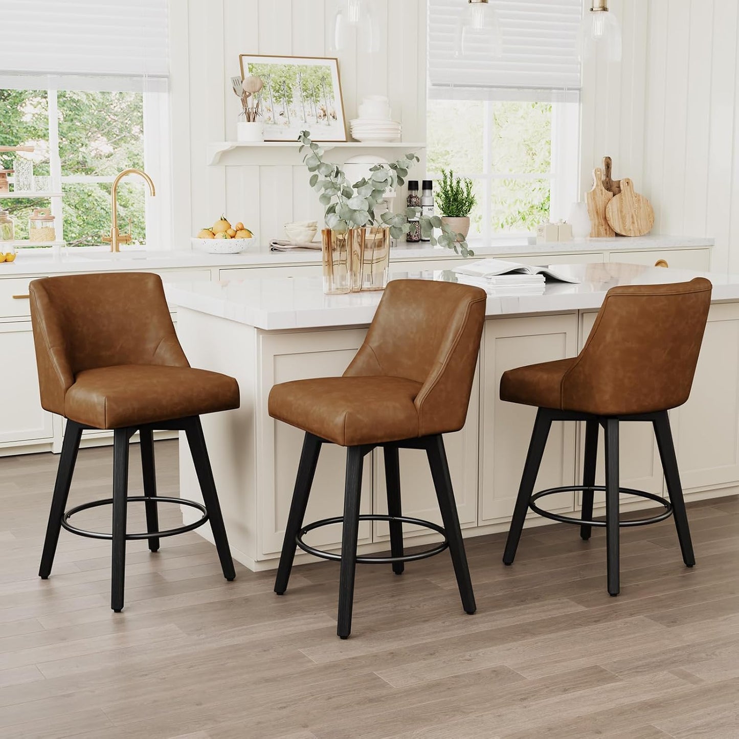 Vipbear Swivel Counter Height Bar Stools Set of 3,26.8" H Counter Stools with Back, Mid Century Modern Bar Stools for Kitchen Island,Faux Leather,Wooden Base, Brown