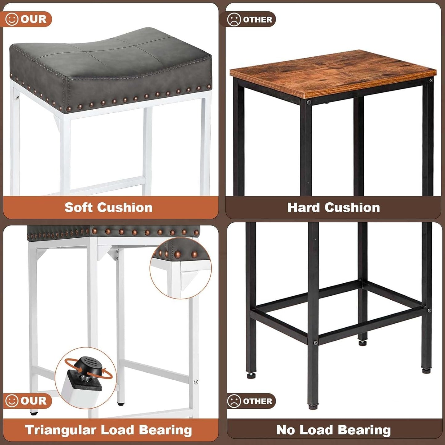 Bar Stools Set of 4, 24" Counter Height Bar Stools Set of 4 with Thick Saddle Cushion and Barstools Metal Frame, Modern Backless Saddle Counter Stools for Kitchen Island Bar Grey+White