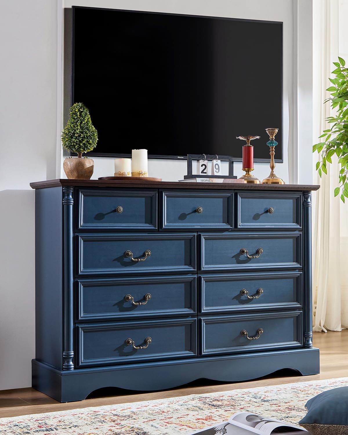 Farmhouse 9 Drawers Dresser for Bedroom with Charging Station, 54" Wide Wood Country Rustic Storage Dressers Organizer, Vintage Design Chest of Drawers TV Stand