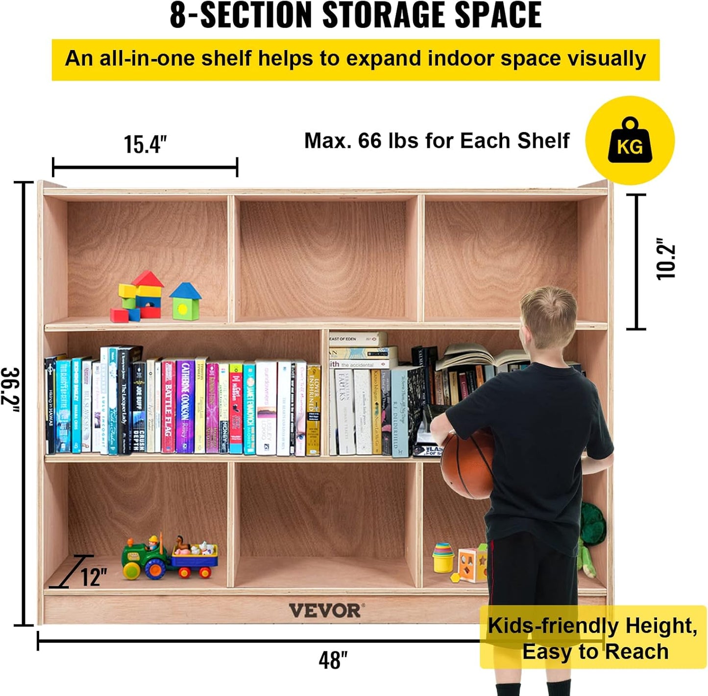 VEVOR Cubby Mobile Tray Storage Cabinet, 8-Compartment Cubby Storage Shelf, Cubby Storage Cabinet 3-Shelf, Classroom Cubbies, Classroom Furniture for Home, Daycare and Preschool, Natural