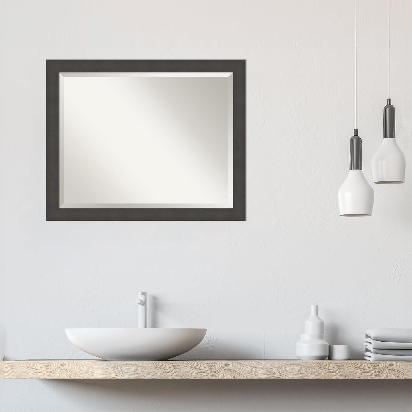 Amanti Art Silver Bathroom Mirror for Over Sink, 26x32 Blaine Light Pewter Narrow Rectangle Vanity Mirror, Large Modern Contemporary Frame, Hangs Horizonally and Vertically, Bathroom Wall Decor