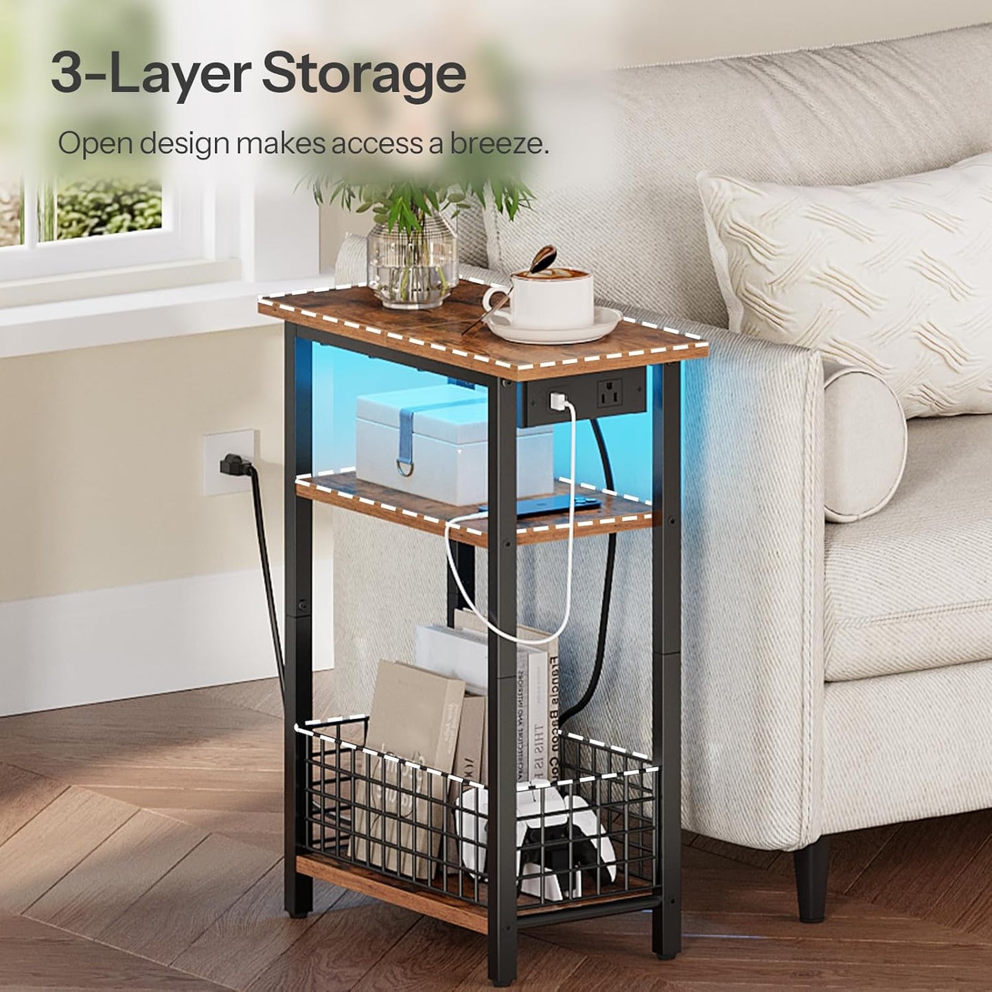 HOOBRO Narrow Side Table with Charging Station and LED Light, Small End Table with Storage, Skinny Nightstand with USB Port, Slim Bedside Table for Small Spaces, Living Room, Rustic Brown BF242UDBZ01