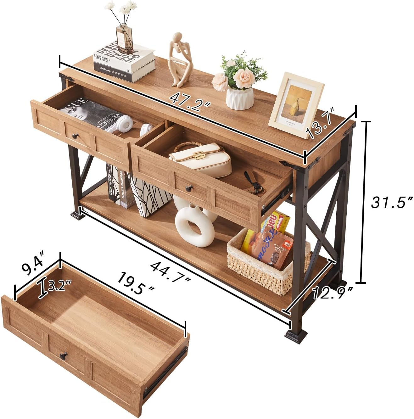 HOMBAZAAR Entryway Table,Rustic Console Table with 2 Drawers, Industrial Console Tables with Storage for Entryway, Hallway, Living Room,Brown,47 Inch