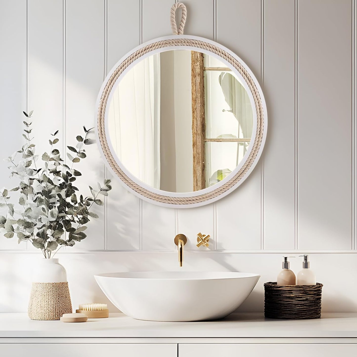 Nautical Round Wall Mirror with Rope 20'' White Circle Hanging Mirror Nursery Coastal Beachy Wall Mirror Decorative Mirror for Bathroom,Livingroom,Entryway-Nautical Theme Décor