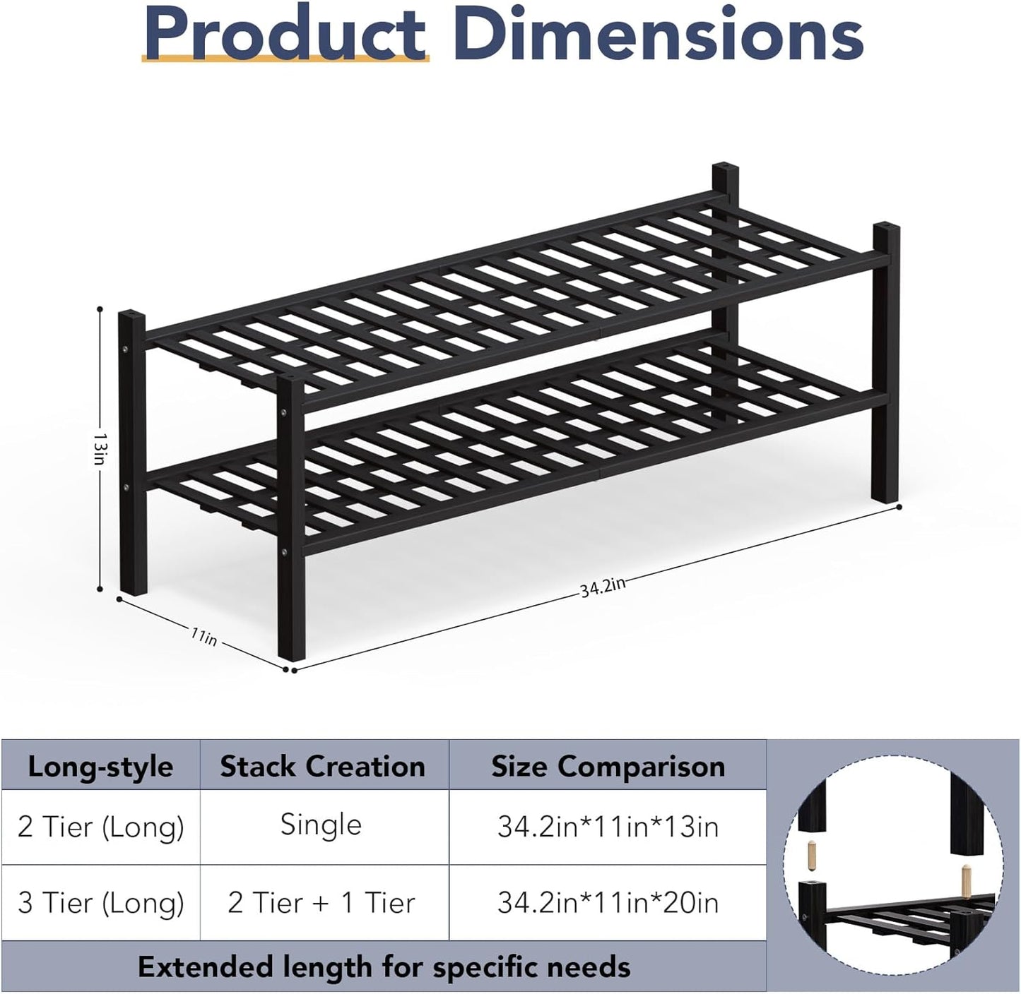Haddockway Long 2 Tier Bamboo Shoe Rack Storage Organizer, Multifunctional Free Standing Stackable Shoe Shelf with Grid Panel for Closet,Hallway,Entryway,Small Space 34.2"x11"x13"(Black, 2-Tier(Long))