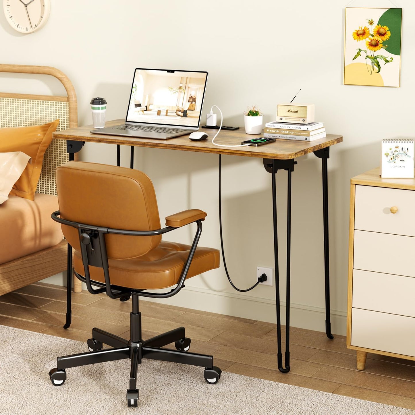 Folding Desk, 31.5" Hairpin Legs Small Desk with Power Strip for Bedroom, Space Saving Foldable Computer Desk for Home Office, No Assembly Need,Brown