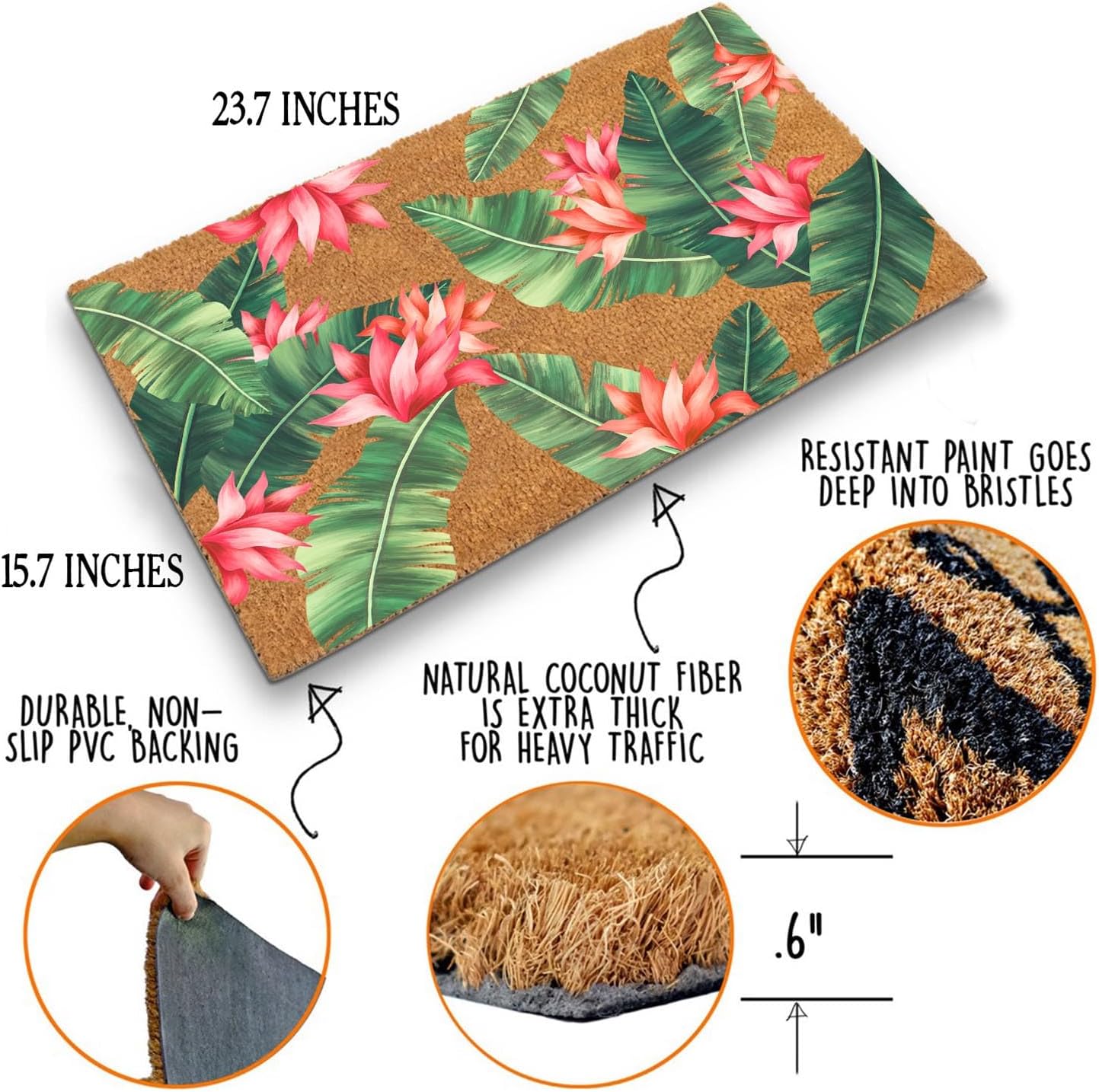 Funny Coir Doormat Beautiful Print with Palm Tree Leaves Front Door Mats Entryway Outdoor Mat with Heavy Duty Front Porch Welcome Mats Entry Natural Coir House Warming Gift Mat 23.7 x 15.7 inch