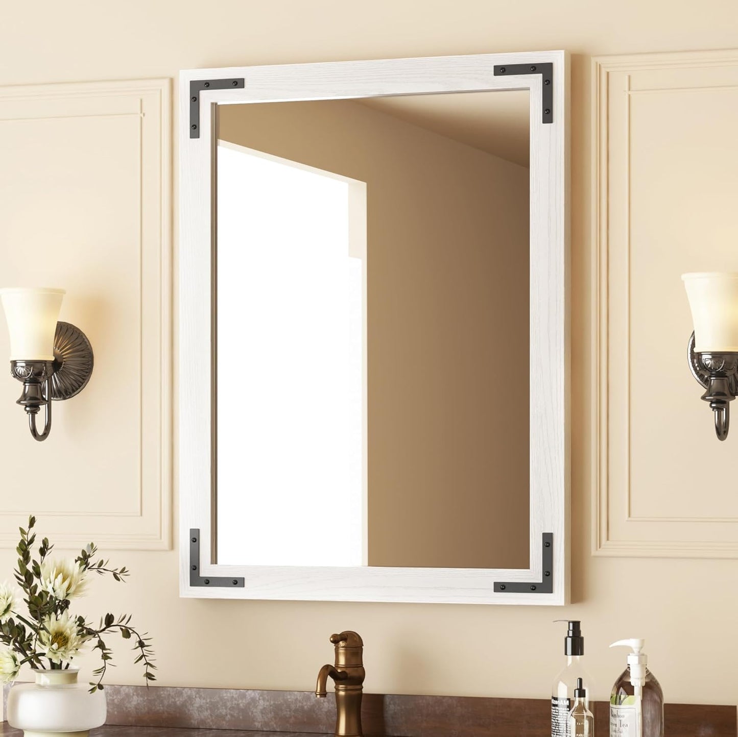 VocalStar White Wood Framed Mirror 24 x 36 Inch, Rustic Natural White Wooden Rectangle Bathroom Vanity Wall Mirror for Farmhouse Boho Decor, 1/4-inch Shatterproof Glass | Waterproof