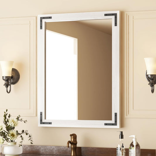 VocalStar White Wood Framed Mirror 24 x 36 Inch, Rustic Natural White Wooden Rectangle Bathroom Vanity Wall Mirror for Farmhouse Boho Decor, 1/4-inch Shatterproof Glass | Waterproof