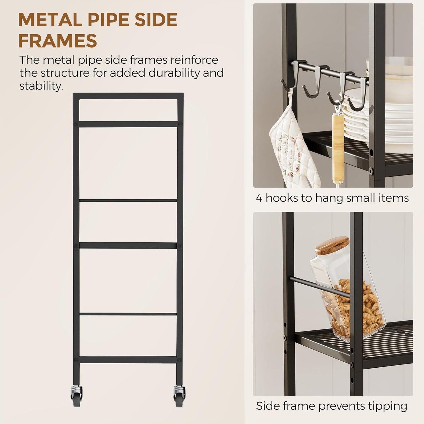 3-Tier Metal Storage Rack with Industrial Wheels,Mesh Shelving Unit with Wooden Table top,Adjustable Shelf,16.9-Inch Width,for Kitchen,Laundry,Pantry,Plant,Black