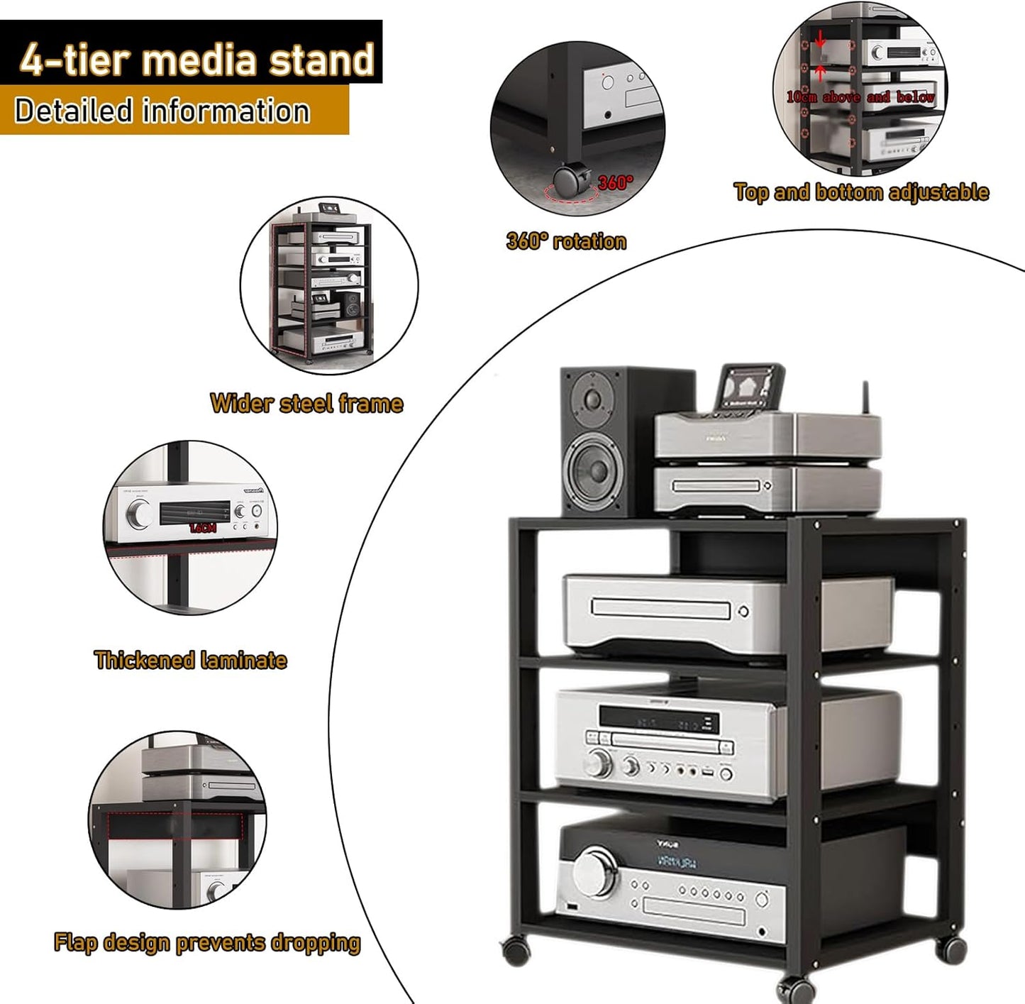 4 Tier Audio Rack Tower, CD Record Player Stereo Receiver AV Equipment Cabinet Display Rack, Weight Capacity 220 lbs, with Adjustable Wooden Shelves for Home (Black, 4tier)