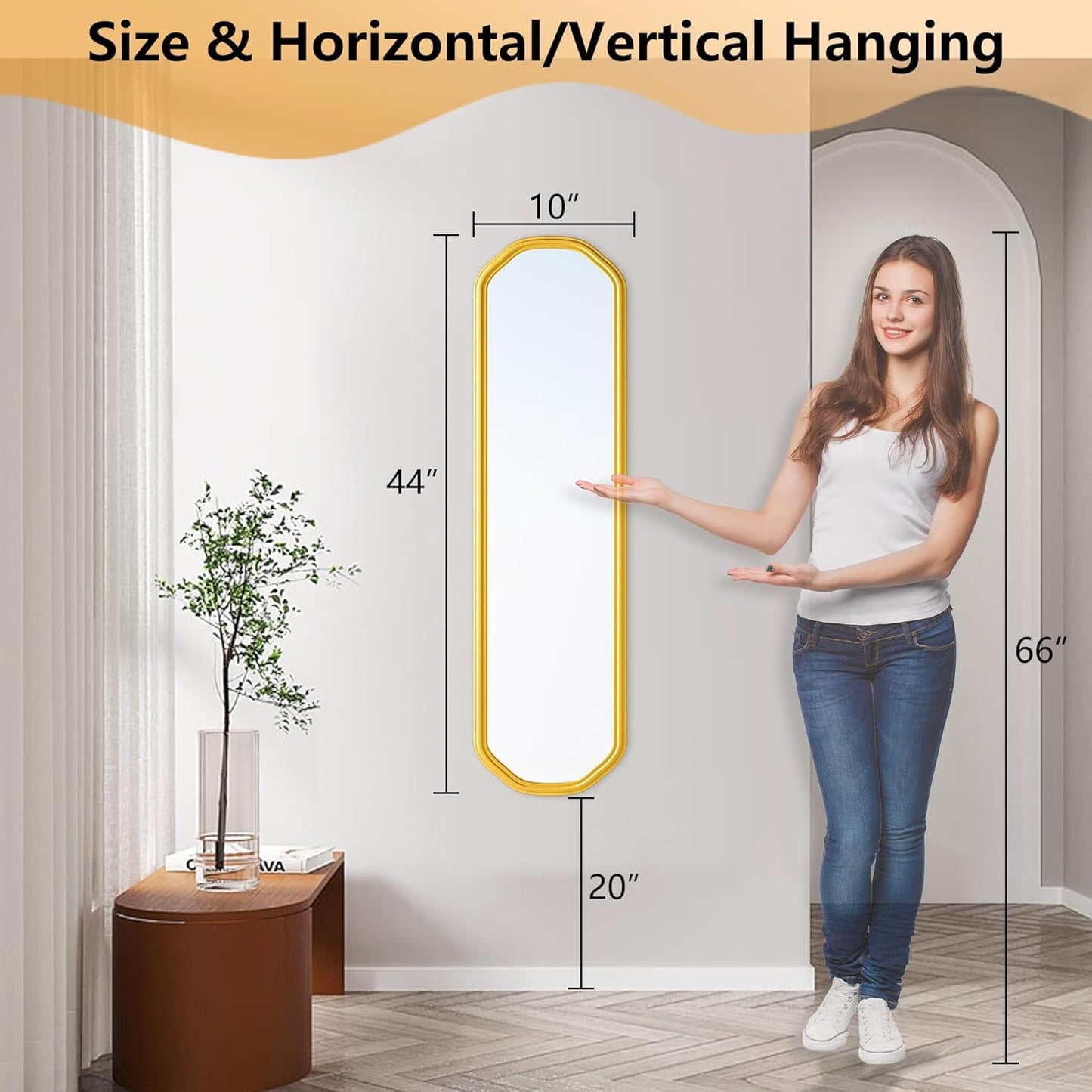 Modern Slim Wall Decor Mirror 10"x44" Gold - Skinny Wall Decor for Entryway, Bedroom, Nursery, Luxury Metal Frame with Anti-Shatter Glass