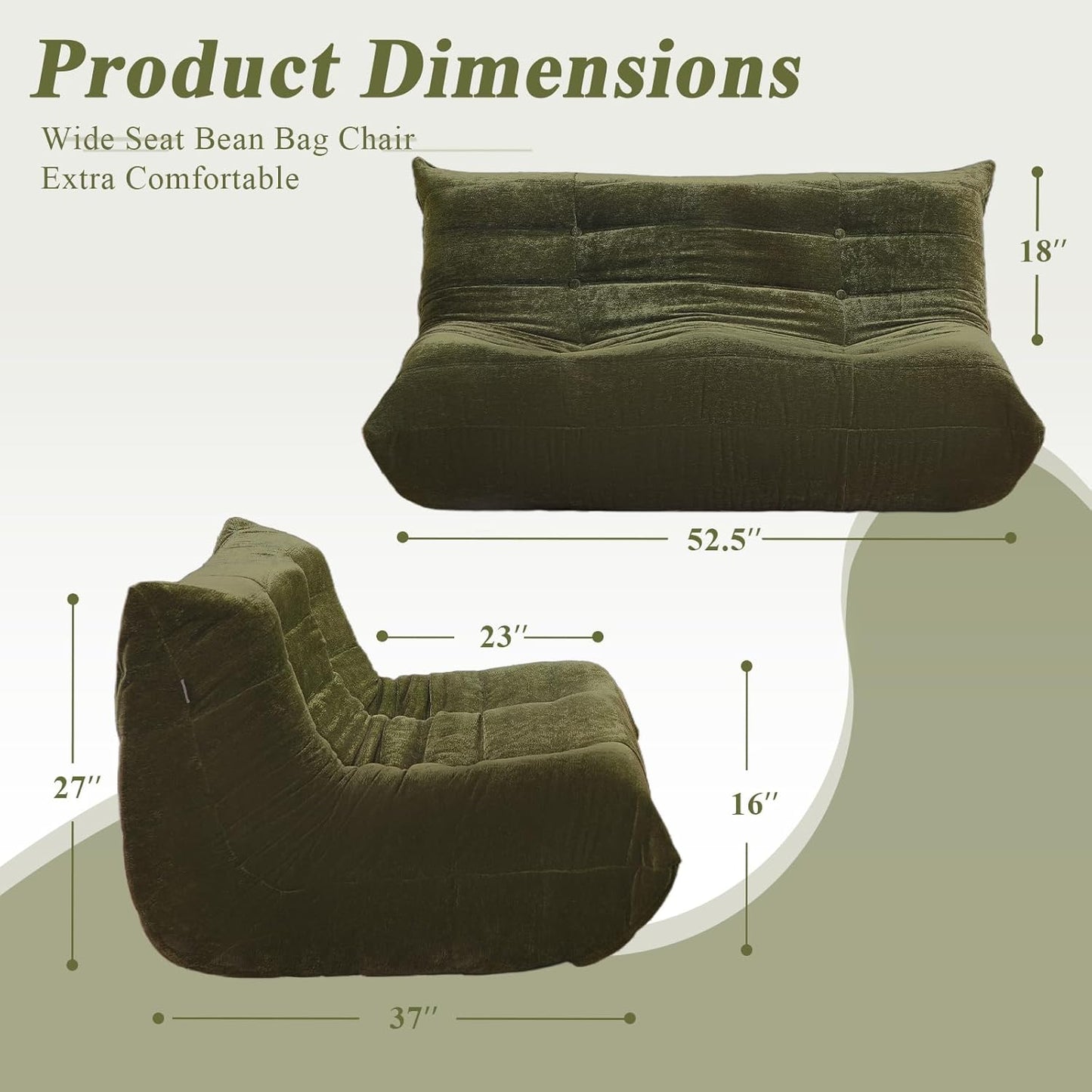 Bean Bag Chair, Loveseat Fireside Chair Large Bean Bag Sofa for Adults, Memory Foam Two Seater Couch Gaming Chairs with Comfy Design, Lazy Floor Sofa for Living Room, Bedroom, Olive Green