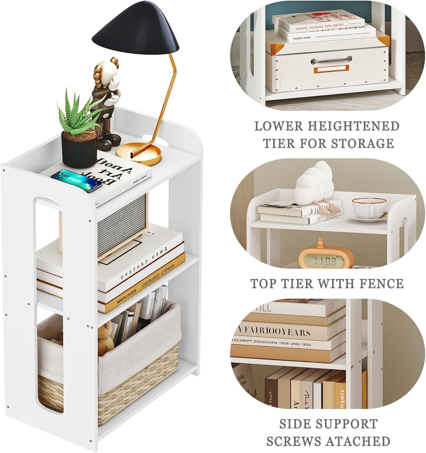 3 Tier End Table Nightstand White, Small Bookshelf with Open Shelf, Narrow Side Table Bedside Table for Bedroom, Living Room, Office, Bathroom