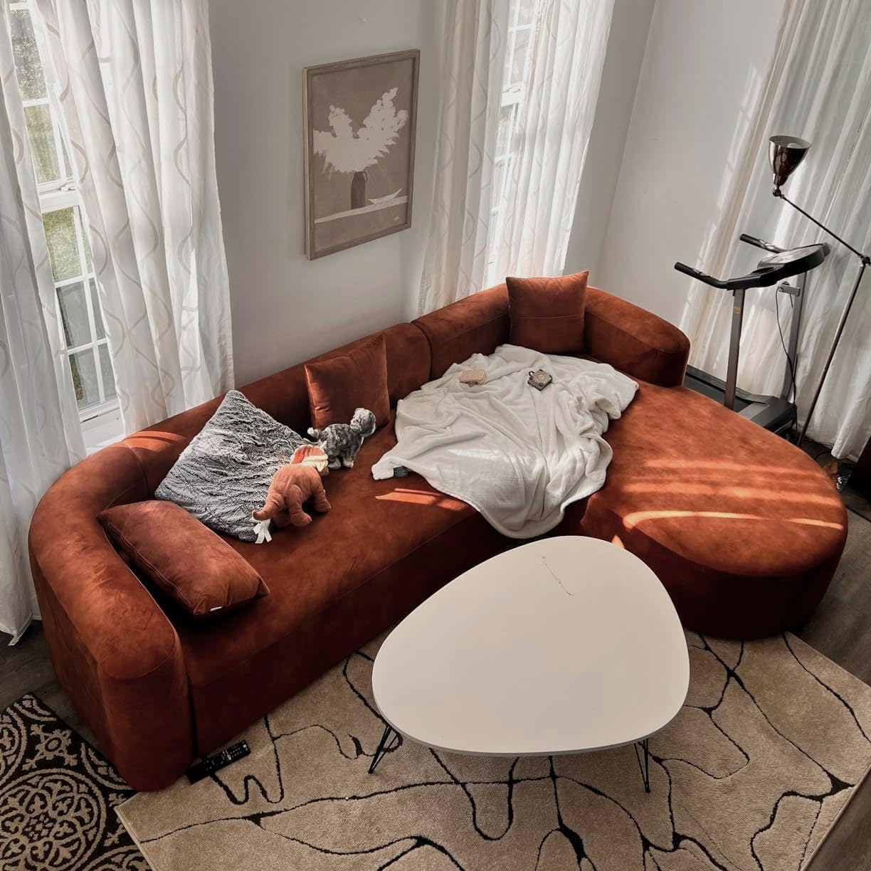 Acanva Luxury Modern Tight Curved Back Velvet Sofa, Minimalist Style Comfy Couch for Living Room Apartment, L-Shape Right Chaise, Tangerine