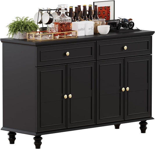 47.6" Buffet Sideboard with 2 Drawers and 4 Doors, Wooden Kitchen Storage Cabinet with Adjustable Shelves, Rustic Top Console Table for Dining Room, Kitchen, or Entryway,Black