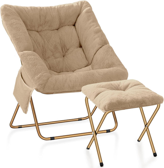 Comfy Saucer Chair for Adults, Foldable Living Room Chairs, Soft Faux Fur Lounge Chair for Bedroom, Reading Chairs, X-Large (Ottoman-Beige)