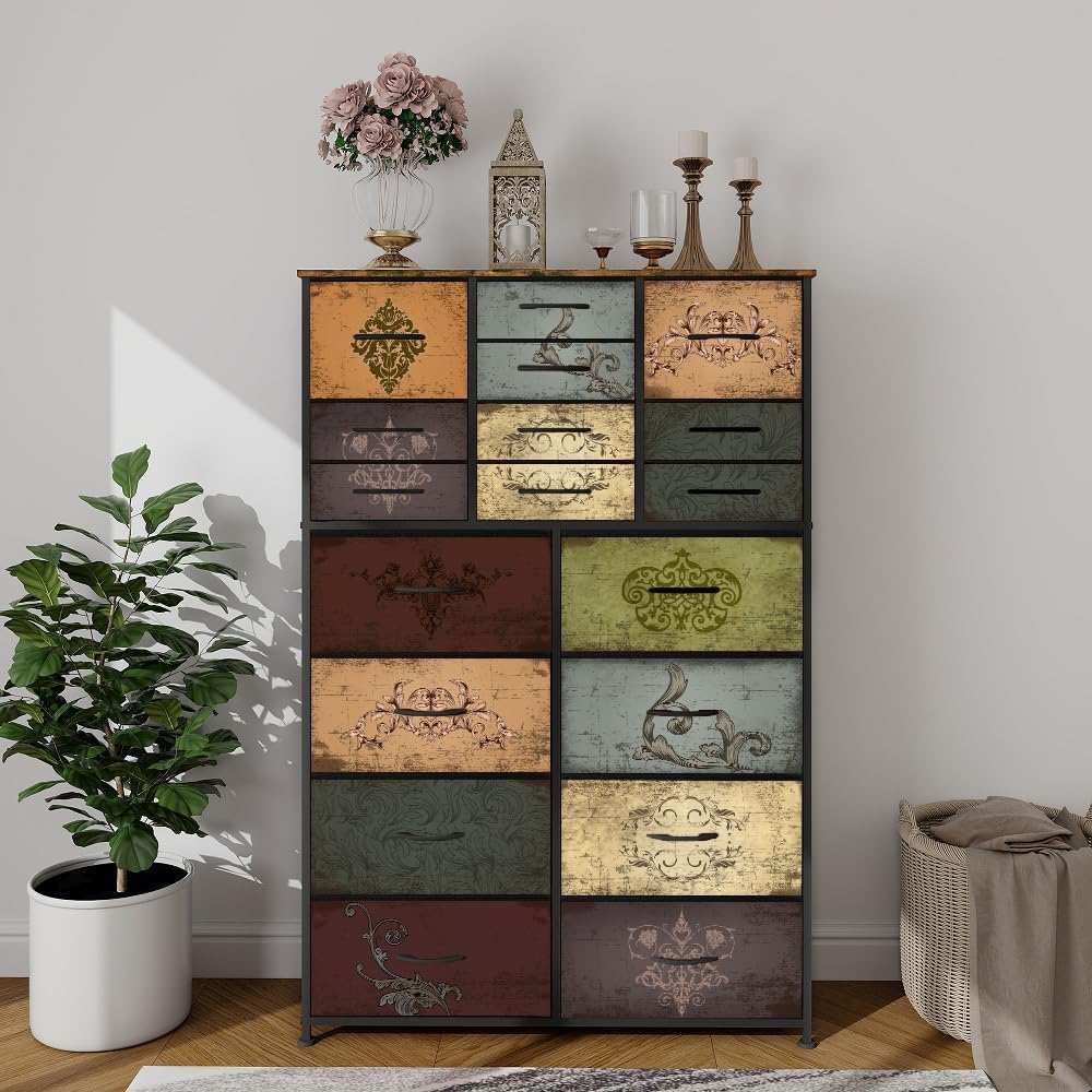 Dresser for Bedroom with 18 Drawers, Tall Fabric Storage Dresser, Chest of Drawers for Closet, Nursery, Bedside, Living Room, Laundry, Entryway, Hallway (Pattern)