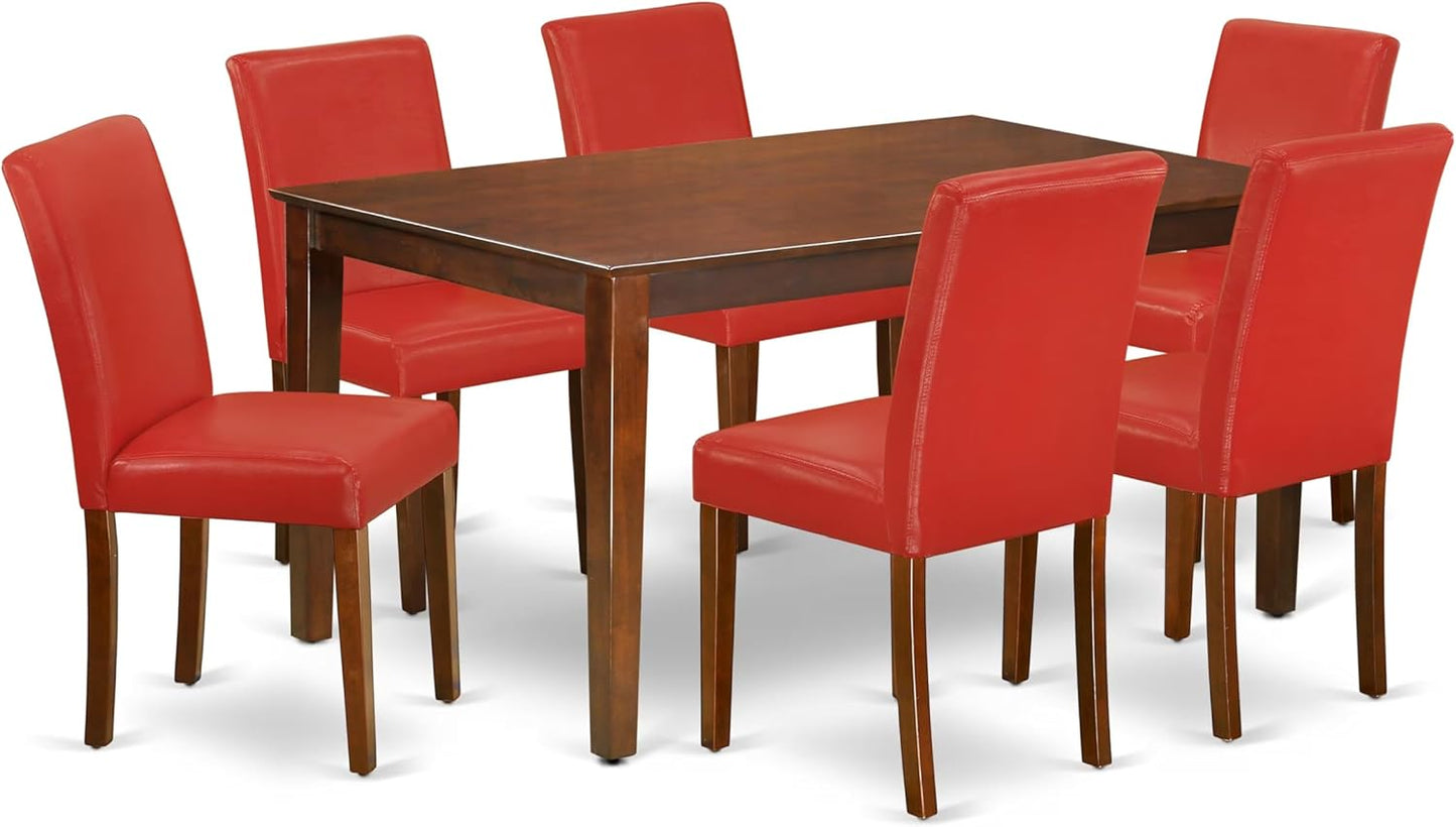 East West Furniture CAAB7-MAH-72 7 Piece Kitchen Table & Chairs Set Consist of a Rectangle Dining Room Table and 6 Firebrick Red Faux Leather Upholstered Chairs, 36x60 Inch, Mahogany