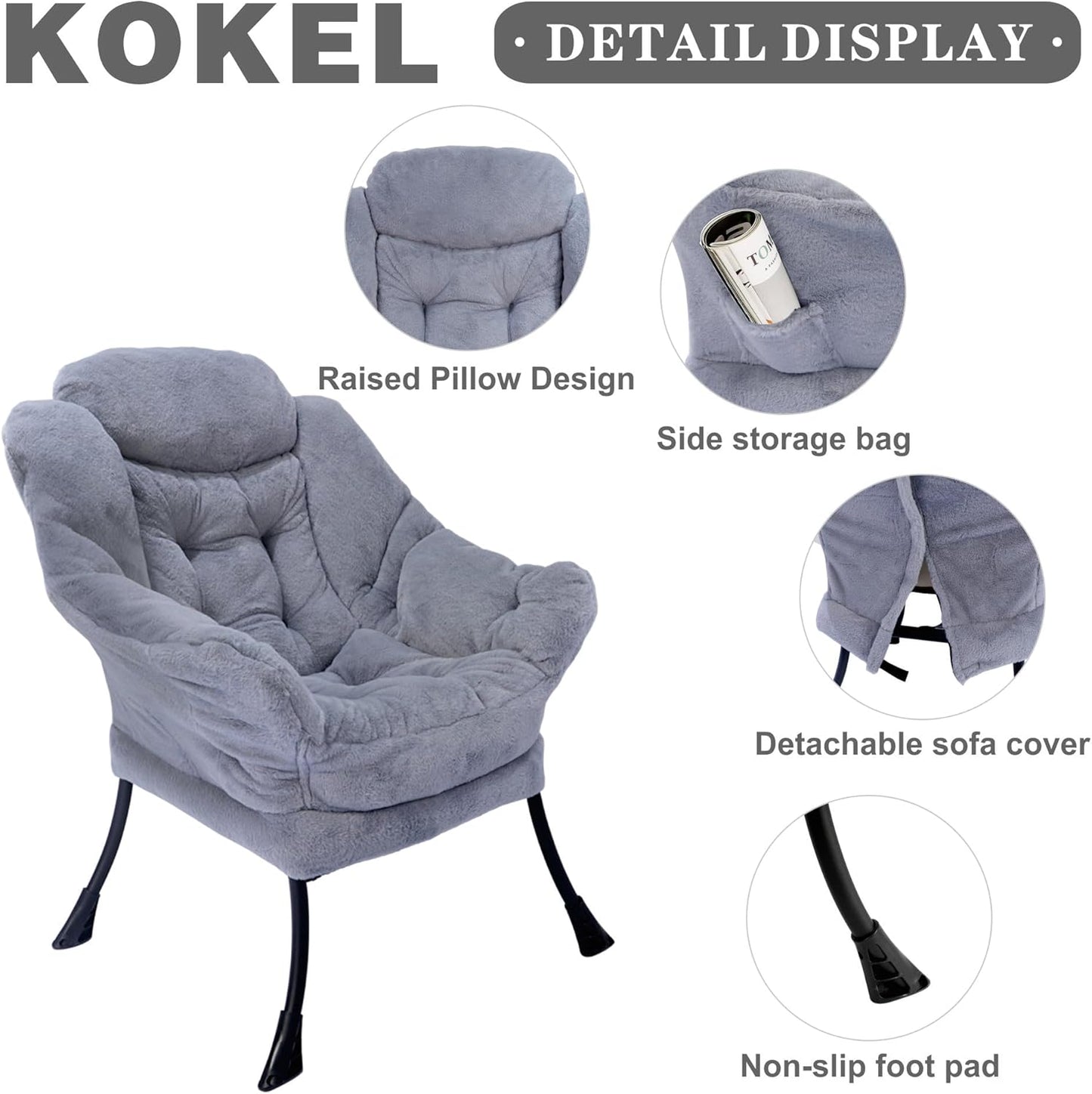 Lazy Chair with Folding Ottoman,Living Room Chairs, Accent Contemporary Lounge Chair, Single Steel Frame Leisure Sofa Chair with Armrests and A Side Pocket (TM10GRAY)