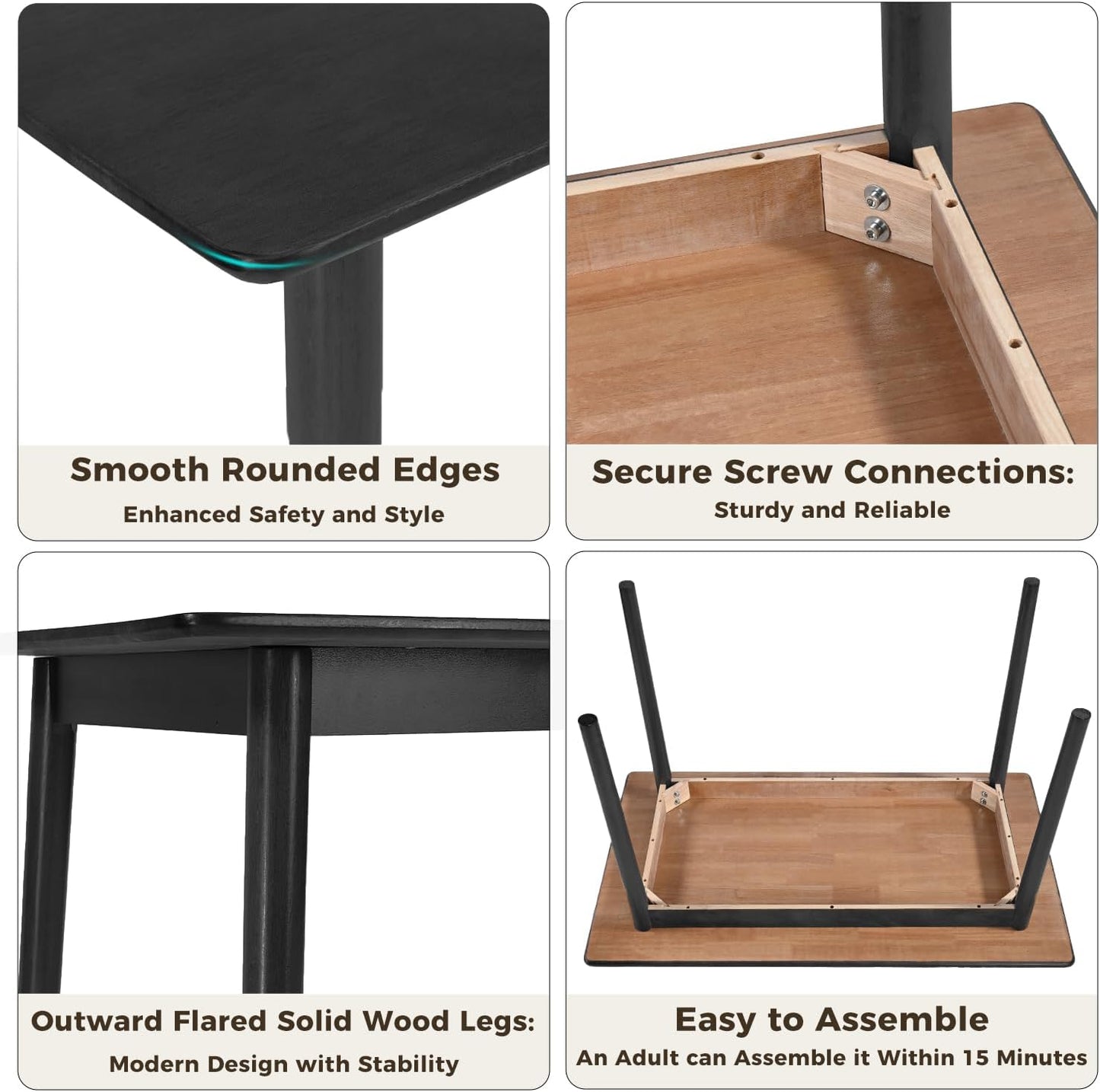 DELAVIN 47.2" Rectangle Solid Wood Dining Table, Modern Kitchen Table, Oak Dining Room Table, Easy Assembly, Black