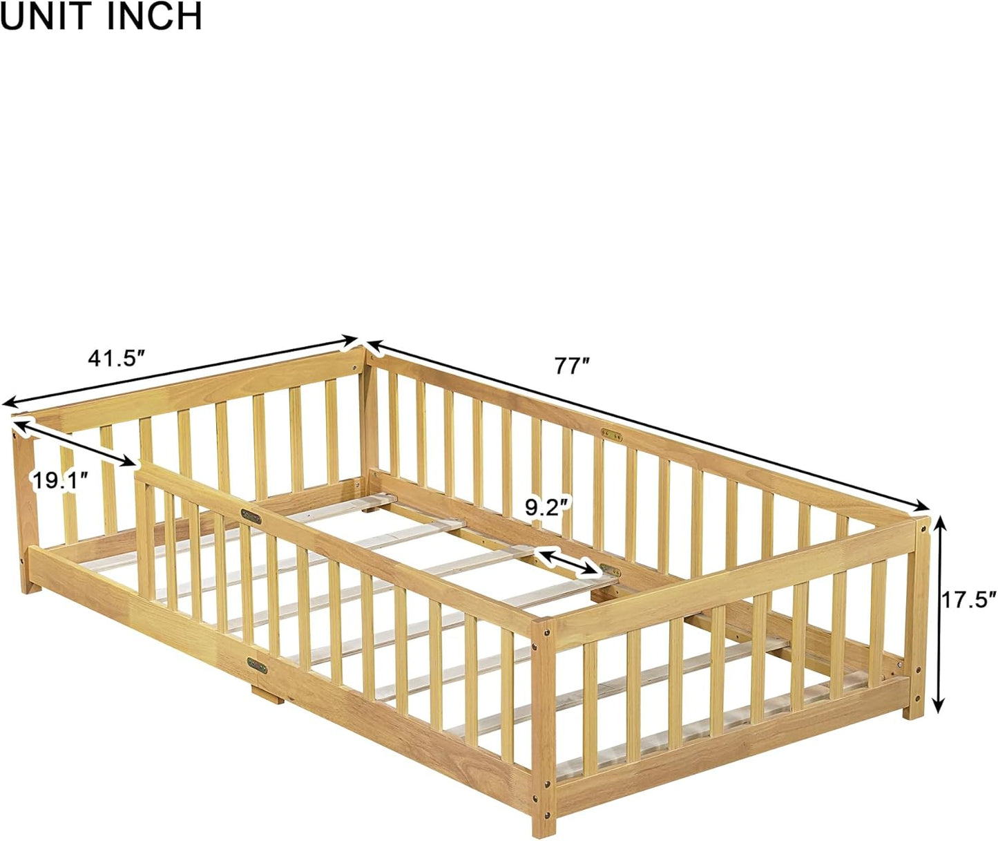 Bellemave Twin Floor Bed with Slats and Safety Guardrails, Kids Montessori Floor Beds with Fence and Without Door, Easy Assemble Floor Bed for Kids, Girls, Boys, Natural