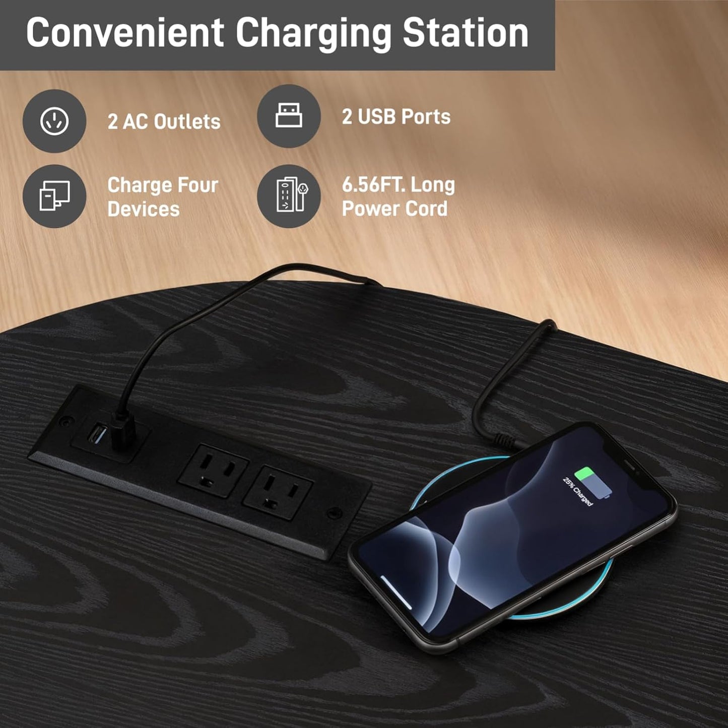 Mid-Century Fluted Oval Coffee Table with 360° Tambour Doors, Hidden Storage, Solid Wood Legs & 2 AC+2 USB Charging Station, Modern Coffee Table for Living Room, Apartment, Black