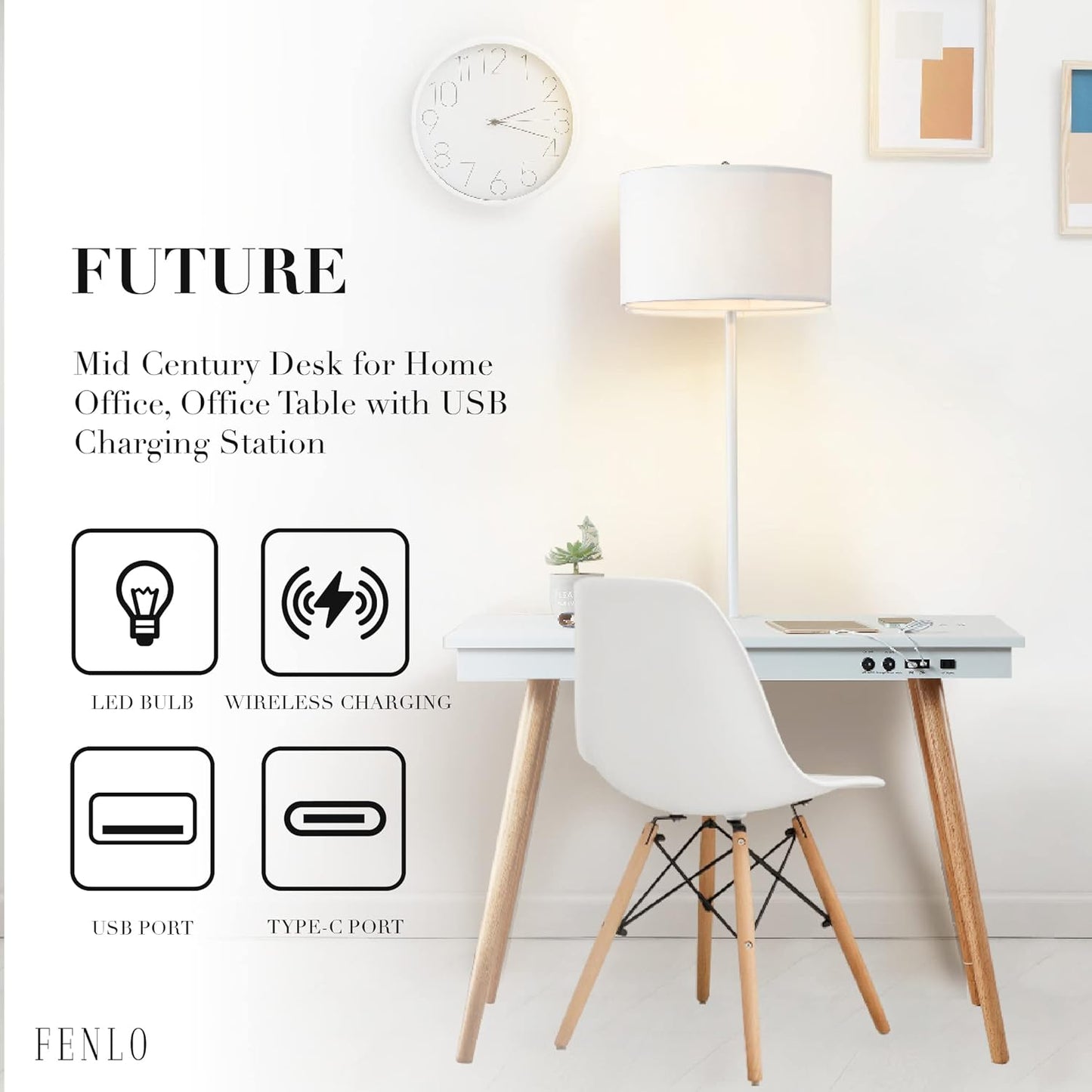FENLO Future 39" Mid Century Modern Desk for Home Office, Office Desk with USB Charging Station, Wireless Charging, USB, USB-C Ports, White