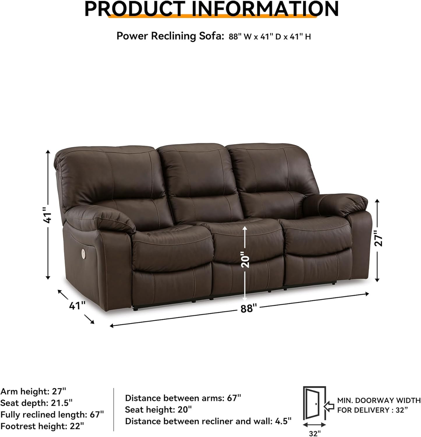 Signature Design by Ashley Leesworth Modern Leather Match Power Reclining Sofa with USB Ports, Dark Brown